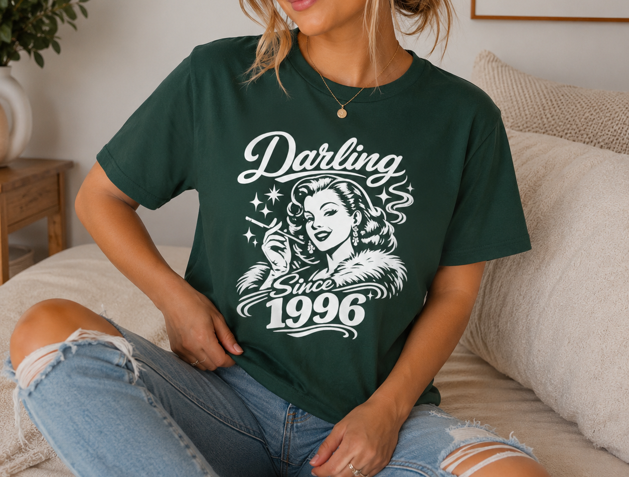 Darling Since 1996 Vintage Pin-Up Graphic T-Shirt | Retro Women's Jersey Tee | Birthday Gift for Women Born in 1996 | Classic Old Hollywood Graphic Shirt