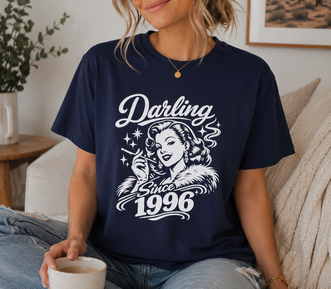 Darling Since 1996 Vintage Pin-Up Graphic T-Shirt | Retro Women's Jersey Tee | Birthday Gift for Women Born in 1996 | Classic Old Hollywood Graphic Shirt