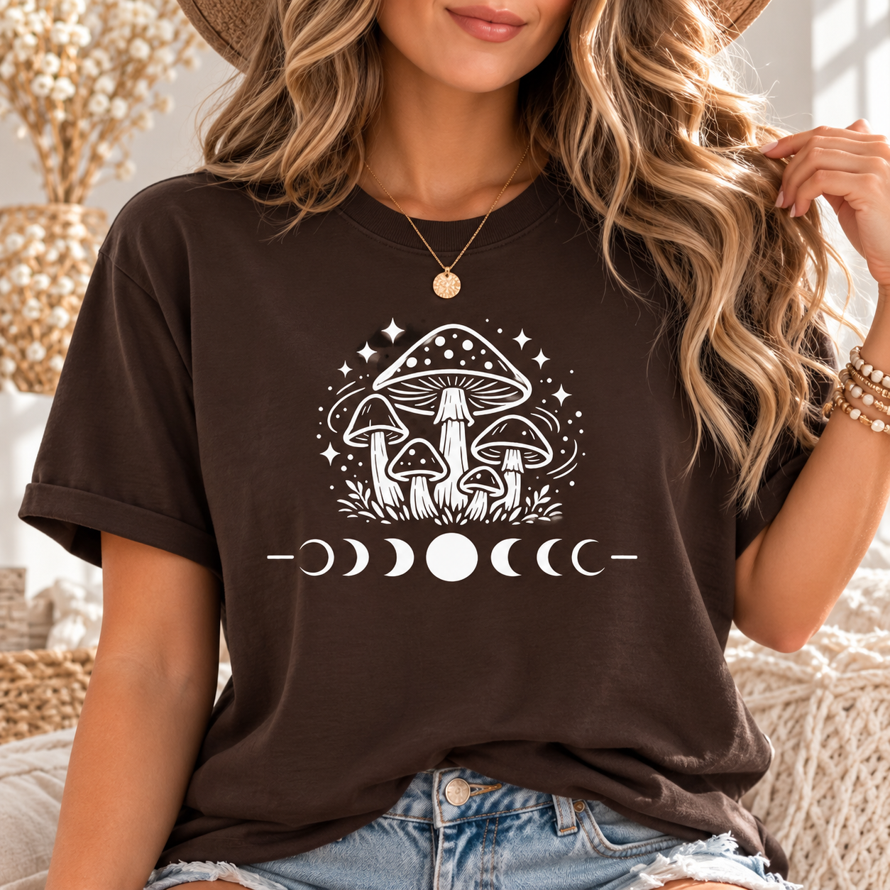 Mystical Mushroom Moon Phases T-Shirt | Boho Cottagecore Graphic Tee | Witchy Nature Shirt | Forest Aesthetic Unisex Jersey Tee | Gift for Her