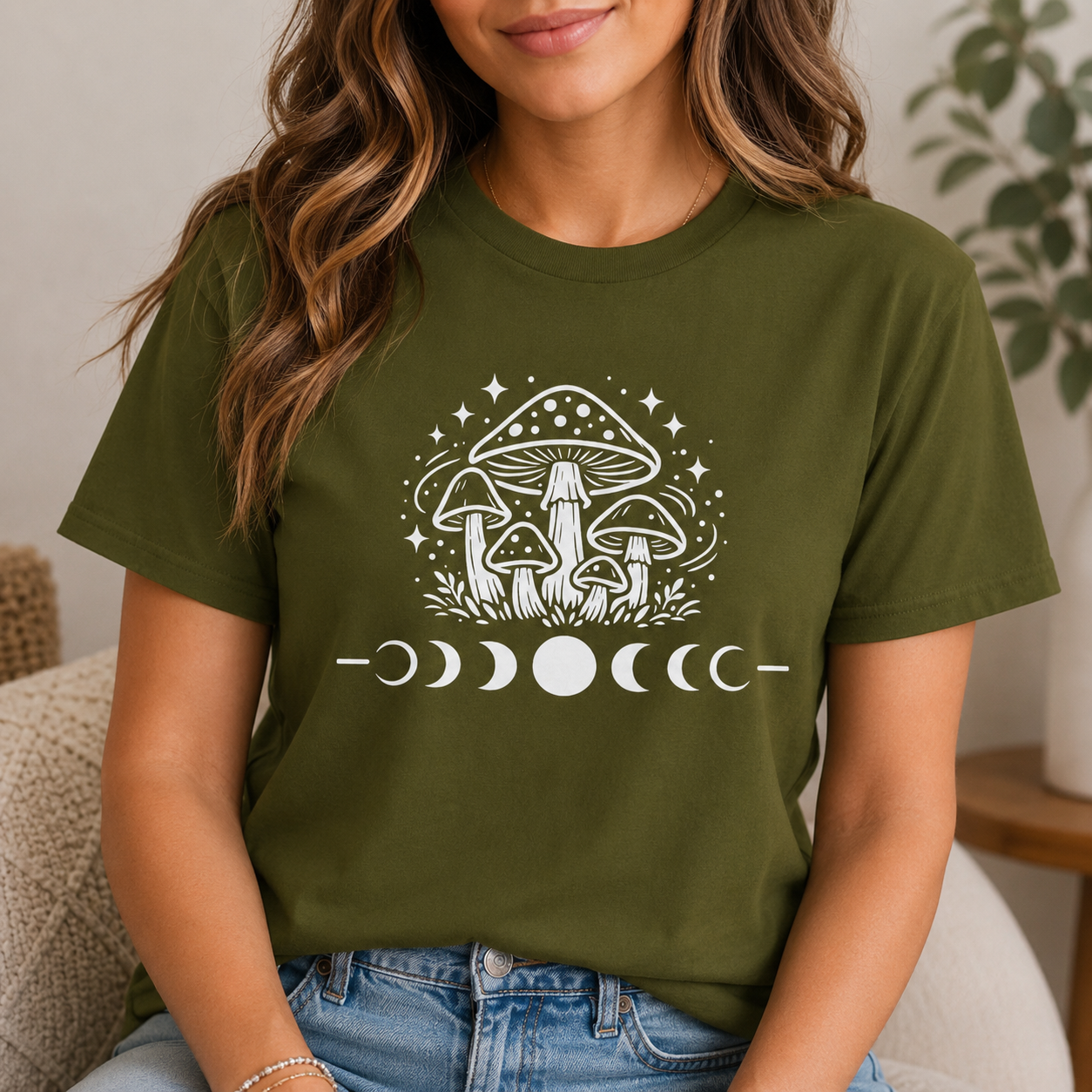 Mystical Mushroom Moon Phases T-Shirt | Boho Cottagecore Graphic Tee | Witchy Nature Shirt | Forest Aesthetic Unisex Jersey Tee | Gift for Her