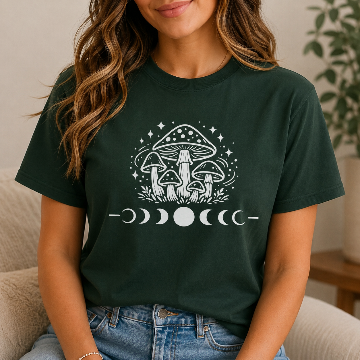 Mystical Mushroom Moon Phases T-Shirt | Boho Cottagecore Graphic Tee | Witchy Nature Shirt | Forest Aesthetic Unisex Jersey Tee | Gift for Her