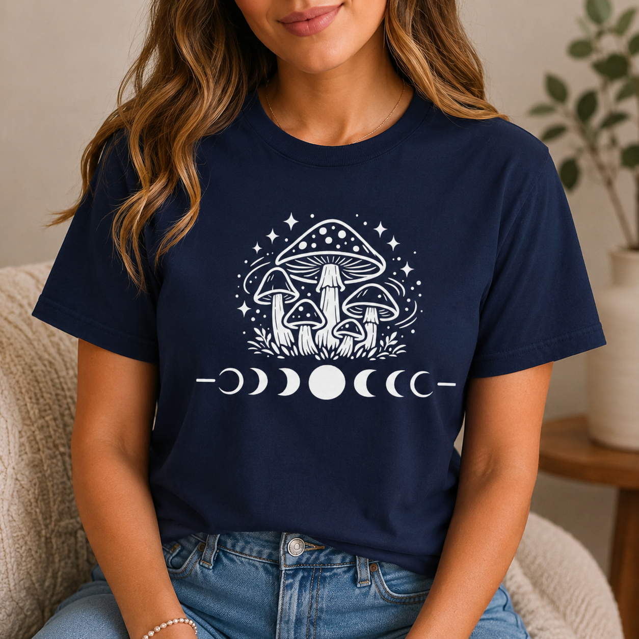 Mystical Mushroom Moon Phases T-Shirt | Boho Cottagecore Graphic Tee | Witchy Nature Shirt | Forest Aesthetic Unisex Jersey Tee | Gift for Her