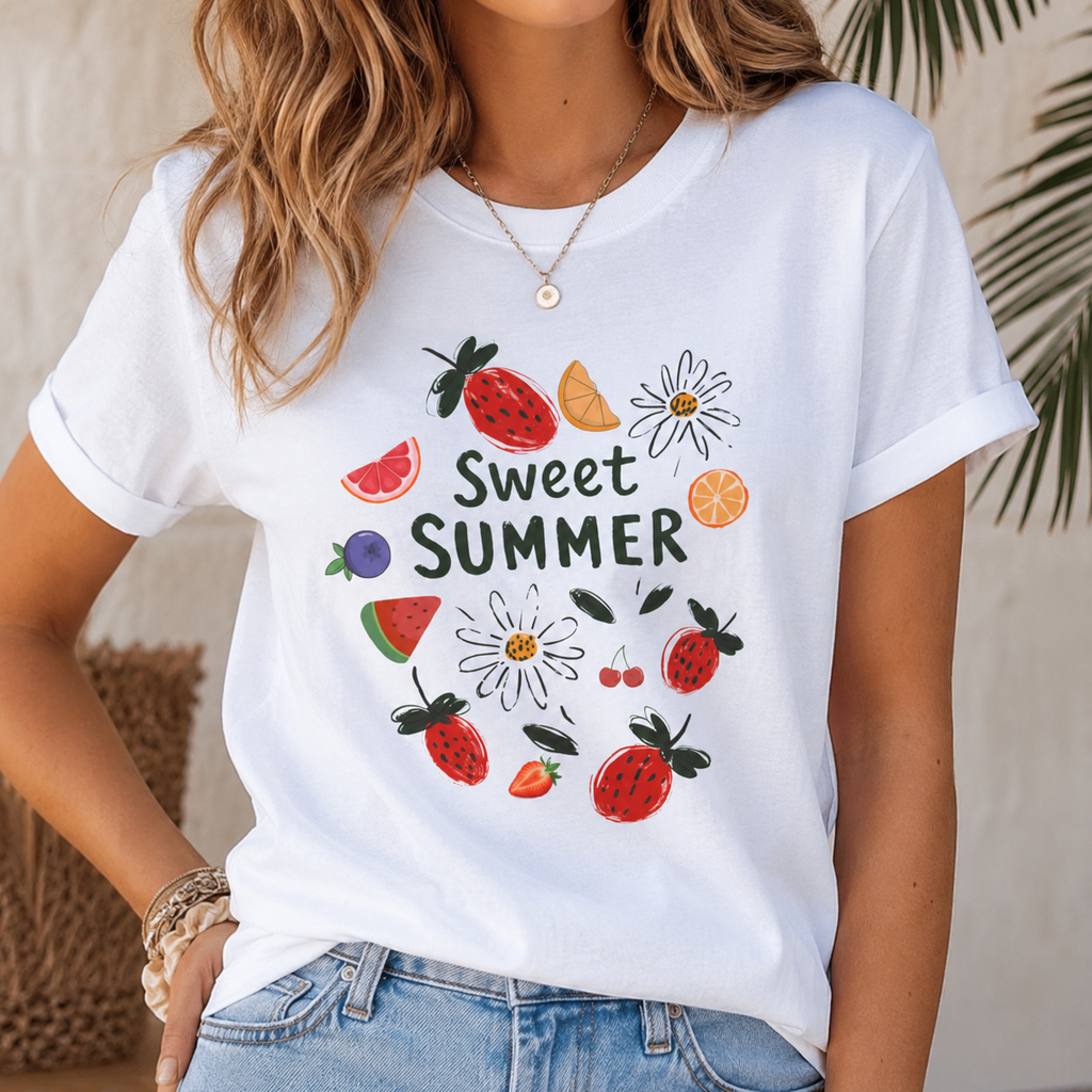 Sweet Summer Graphic Tee | Cute Strawberry & Fruit T-Shirt | Women's Summer Jersey Shirt | Soft Casual Vacation Outfit | Berry Lover Gift