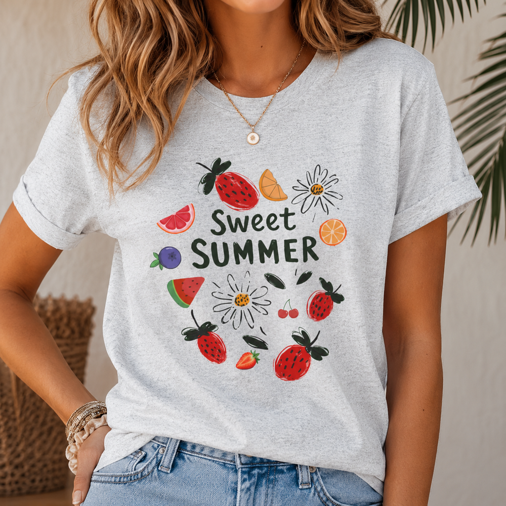Sweet Summer Graphic Tee | Cute Strawberry & Fruit T-Shirt | Women's Summer Jersey Shirt | Soft Casual Vacation Outfit | Berry Lover Gift
