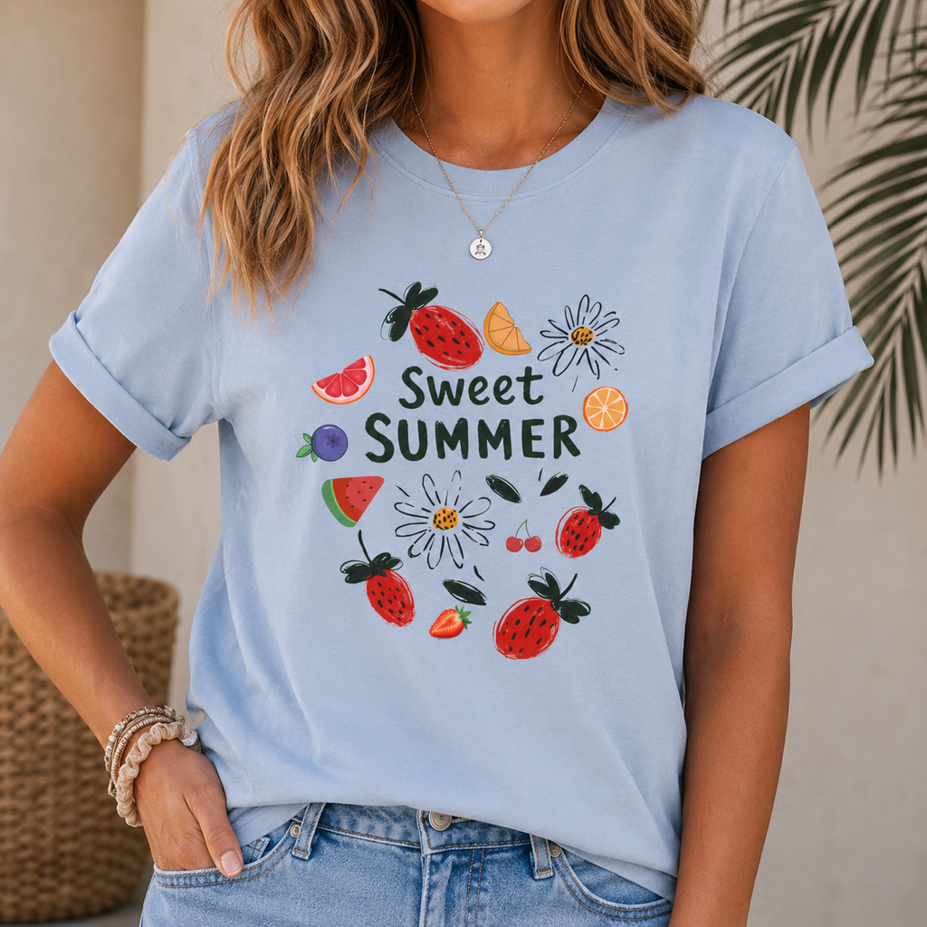 Sweet Summer Graphic Tee | Cute Strawberry & Fruit T-Shirt | Women's Summer Jersey Shirt | Soft Casual Vacation Outfit | Berry Lover Gift