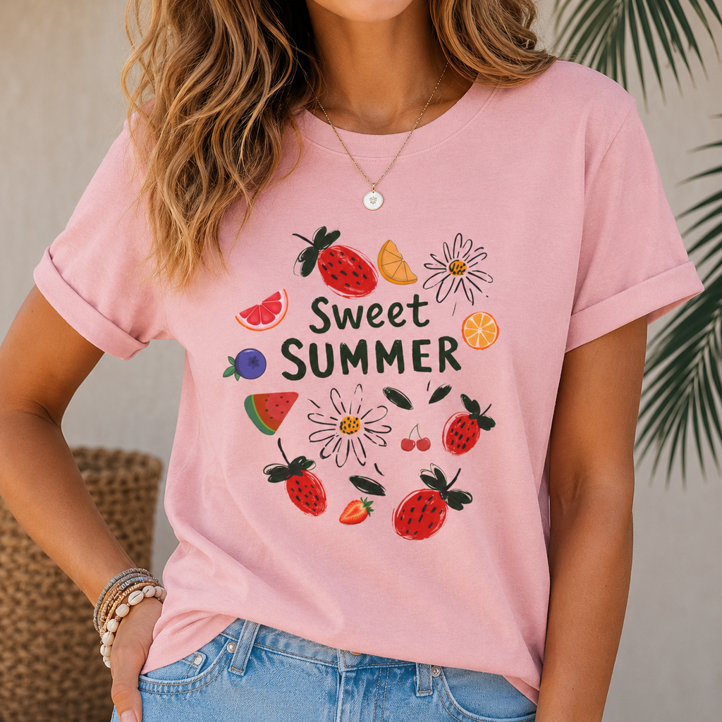 Sweet Summer Graphic Tee | Cute Strawberry & Fruit T-Shirt | Women's Summer Jersey Shirt | Soft Casual Vacation Outfit | Berry Lover Gift