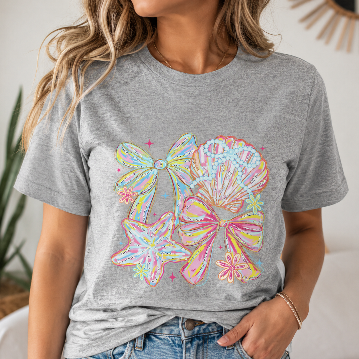 Coastal Coquette Bows & Seashell Graphic Tee | Pastel Beach Aesthetic Shirt | Cute Summer Jersey T-Shirt | Coastal Cowgirl Gift for Her