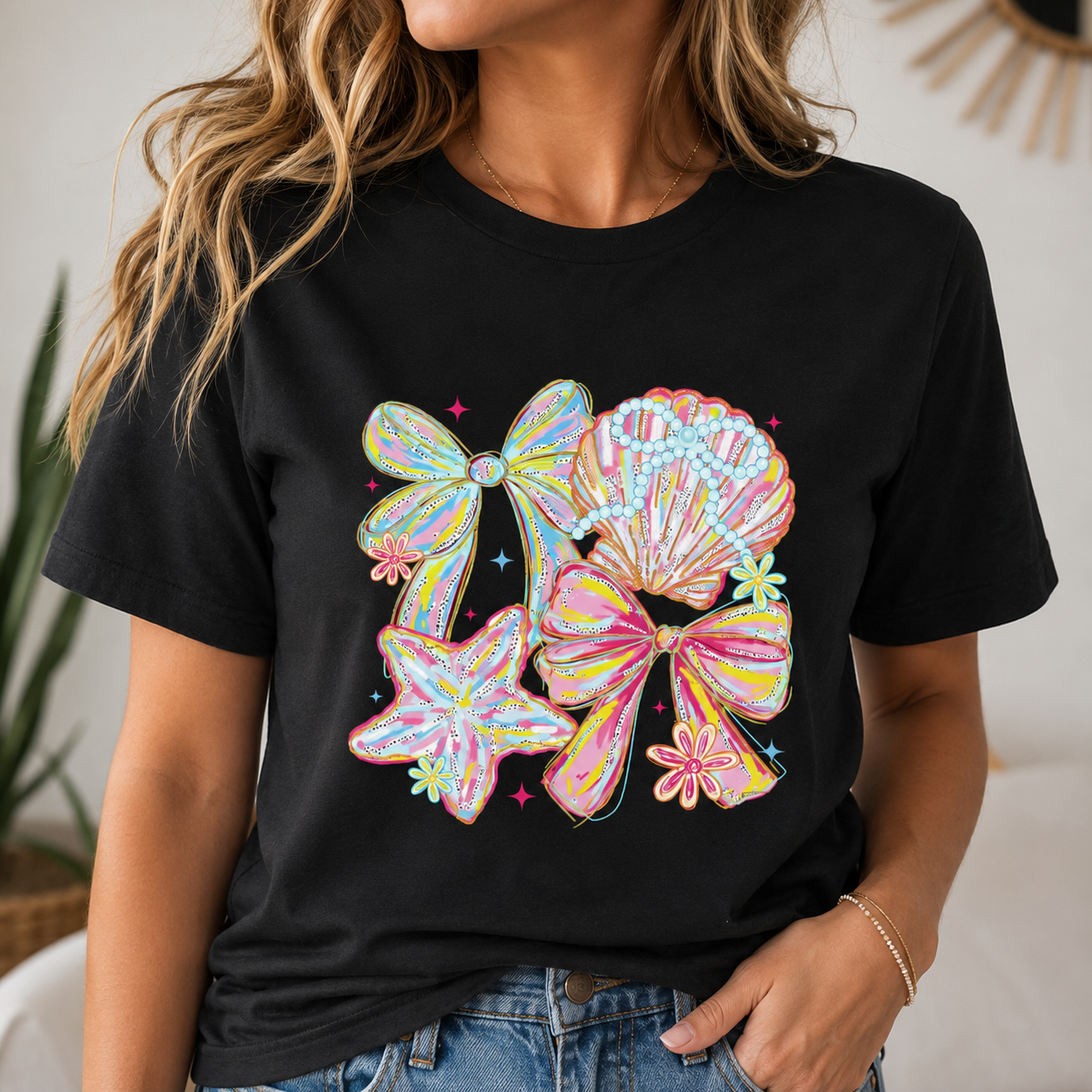 Coastal Coquette Bows & Seashell Graphic Tee | Pastel Beach Aesthetic Shirt | Cute Summer Jersey T-Shirt | Coastal Cowgirl Gift for Her