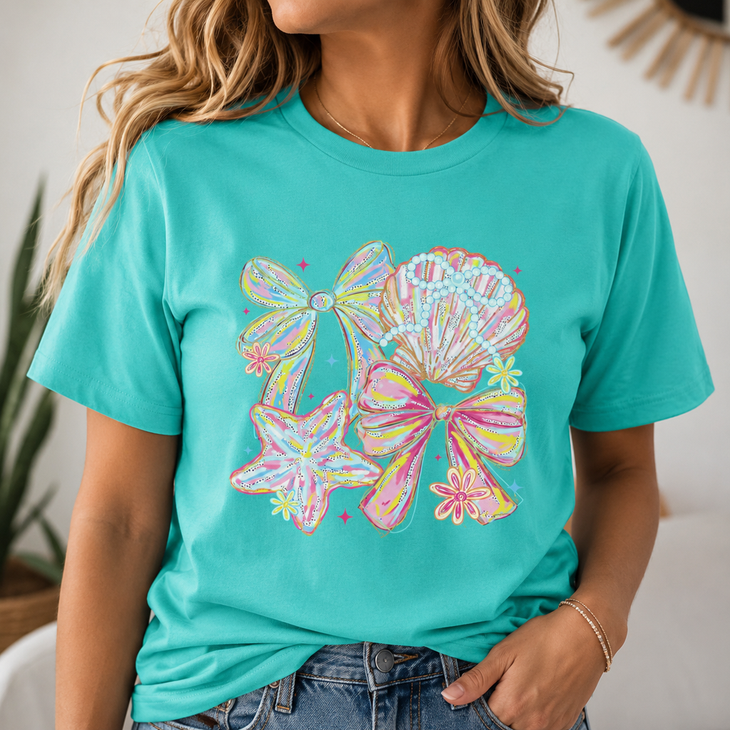 Coastal Coquette Bows & Seashell Graphic Tee | Pastel Beach Aesthetic Shirt | Cute Summer Jersey T-Shirt | Coastal Cowgirl Gift for Her
