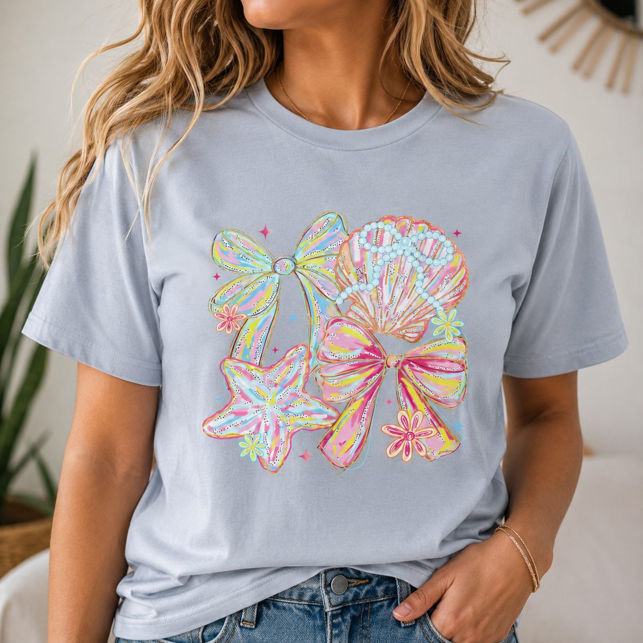 Coastal Coquette Bows & Seashell Graphic Tee | Pastel Beach Aesthetic Shirt | Cute Summer Jersey T-Shirt | Coastal Cowgirl Gift for Her