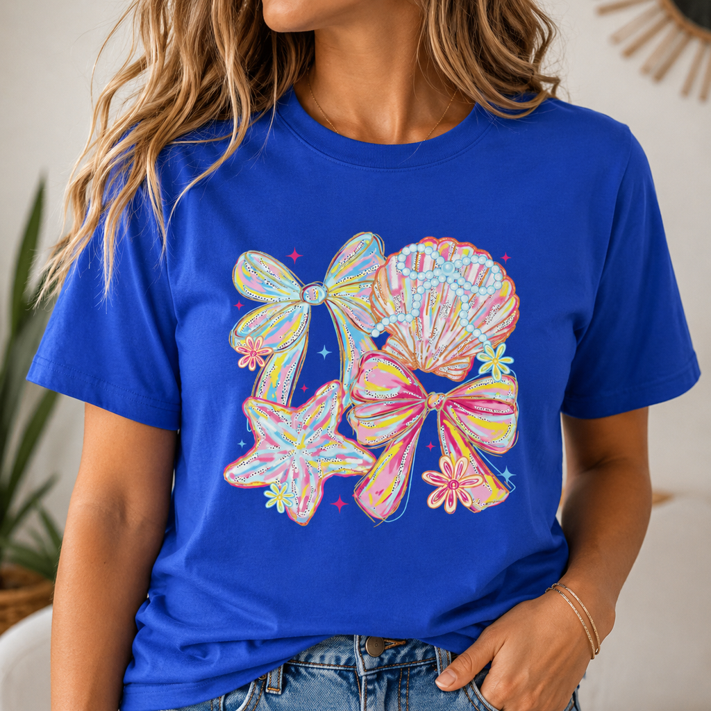 Coastal Coquette Bows & Seashell Graphic Tee | Pastel Beach Aesthetic Shirt | Cute Summer Jersey T-Shirt | Coastal Cowgirl Gift for Her