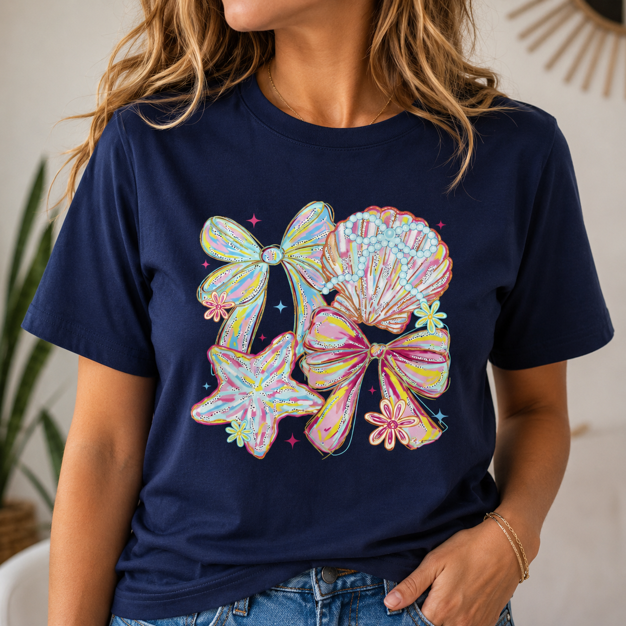 Coastal Coquette Bows & Seashell Graphic Tee | Pastel Beach Aesthetic Shirt | Cute Summer Jersey T-Shirt | Coastal Cowgirl Gift for Her
