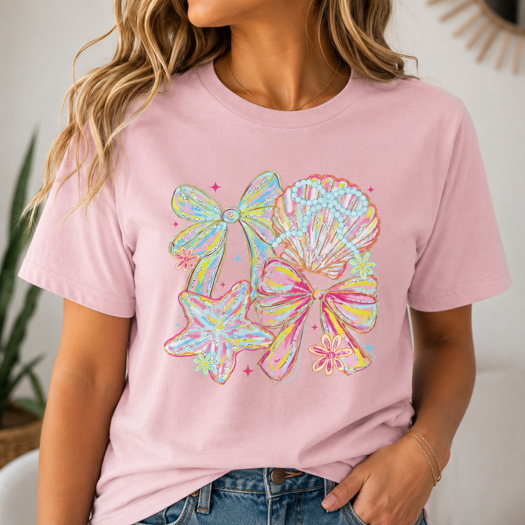 Coastal Coquette Bows & Seashell Graphic Tee | Pastel Beach Aesthetic Shirt | Cute Summer Jersey T-Shirt | Coastal Cowgirl Gift for Her