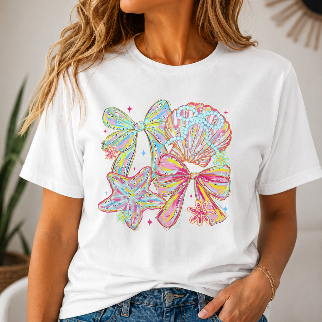 Coastal Coquette Bows & Seashell Graphic Tee | Pastel Beach Aesthetic Shirt | Cute Summer Jersey T-Shirt | Coastal Cowgirl Gift for Her