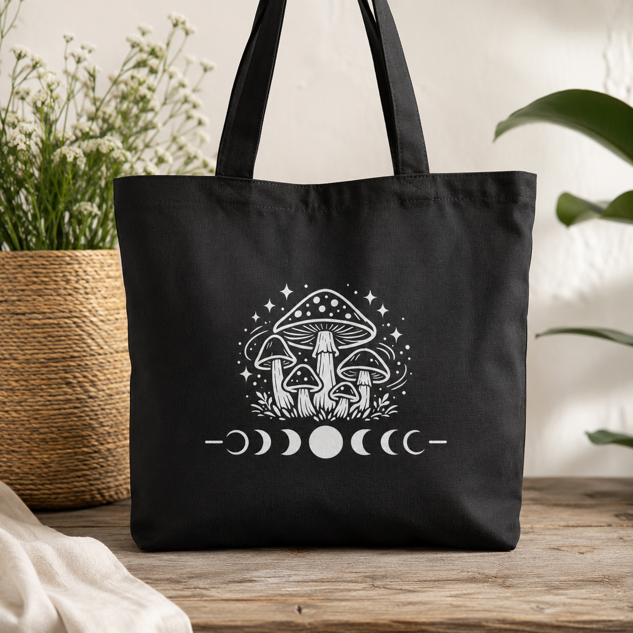 Mystical Mushroom Moon Phase Canvas Tote Bag | Cottagecore Boho Reusable Shoulder Bag | Witchy Nature Gift | Eco-Friendly Shopping Tote