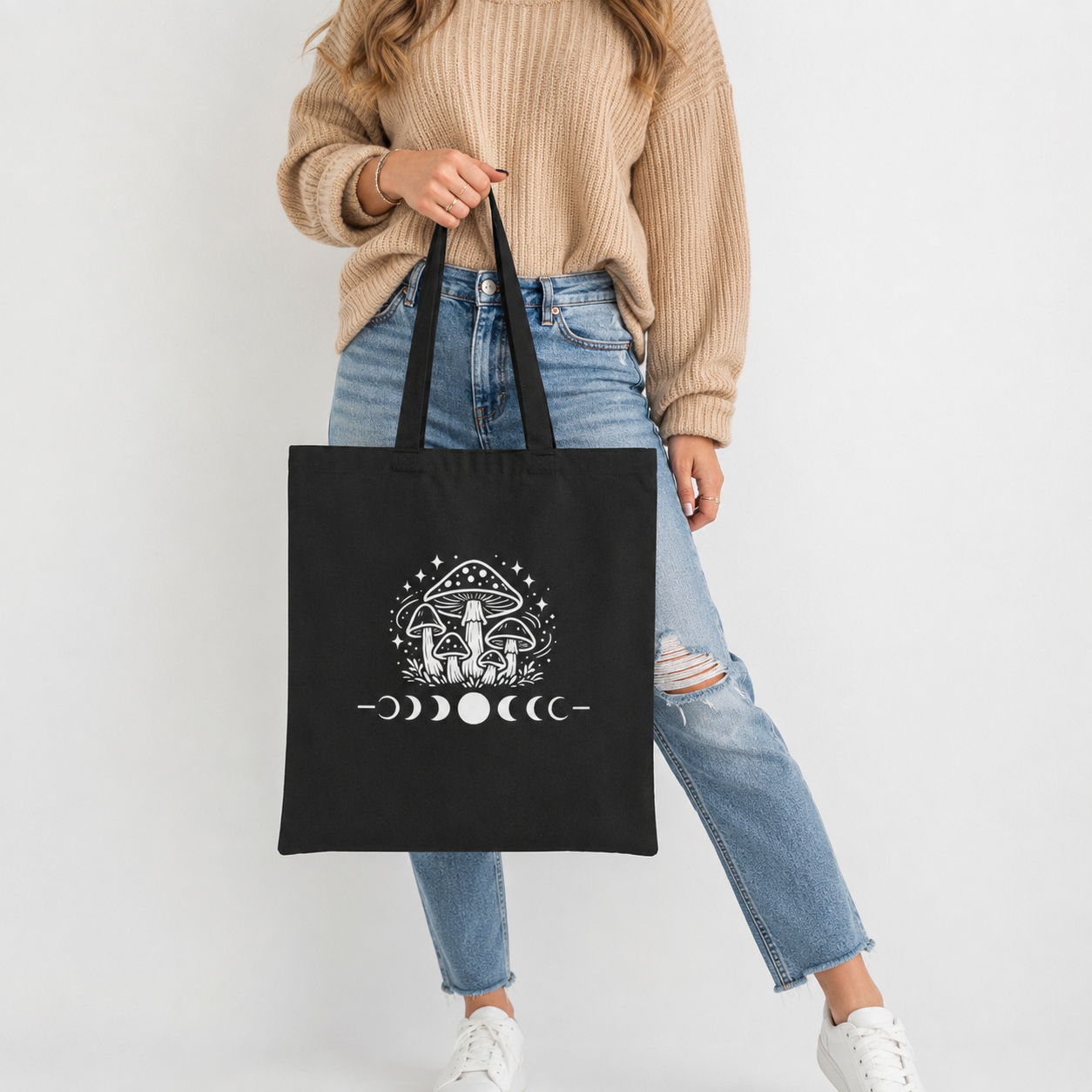 Mystical Mushroom Moon Phase Canvas Tote Bag | Cottagecore Boho Reusable Shoulder Bag | Witchy Nature Gift | Eco-Friendly Shopping Tote