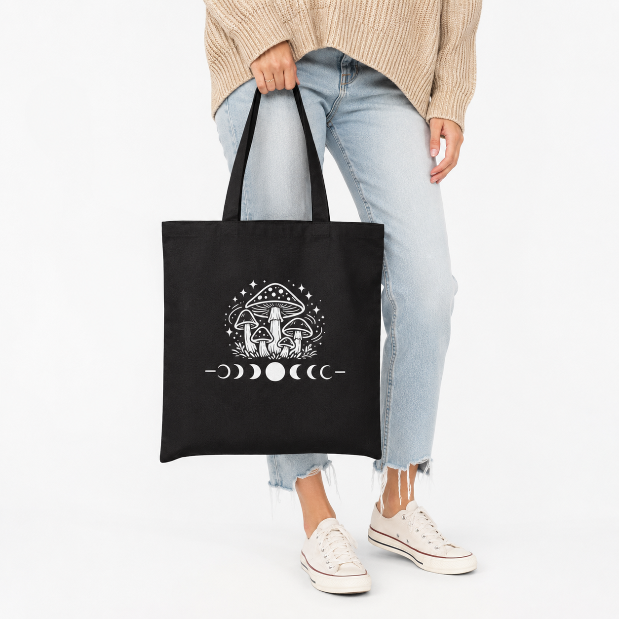 Mystical Mushroom Moon Phase Canvas Tote Bag | Cottagecore Boho Reusable Shoulder Bag | Witchy Nature Gift | Eco-Friendly Shopping Tote