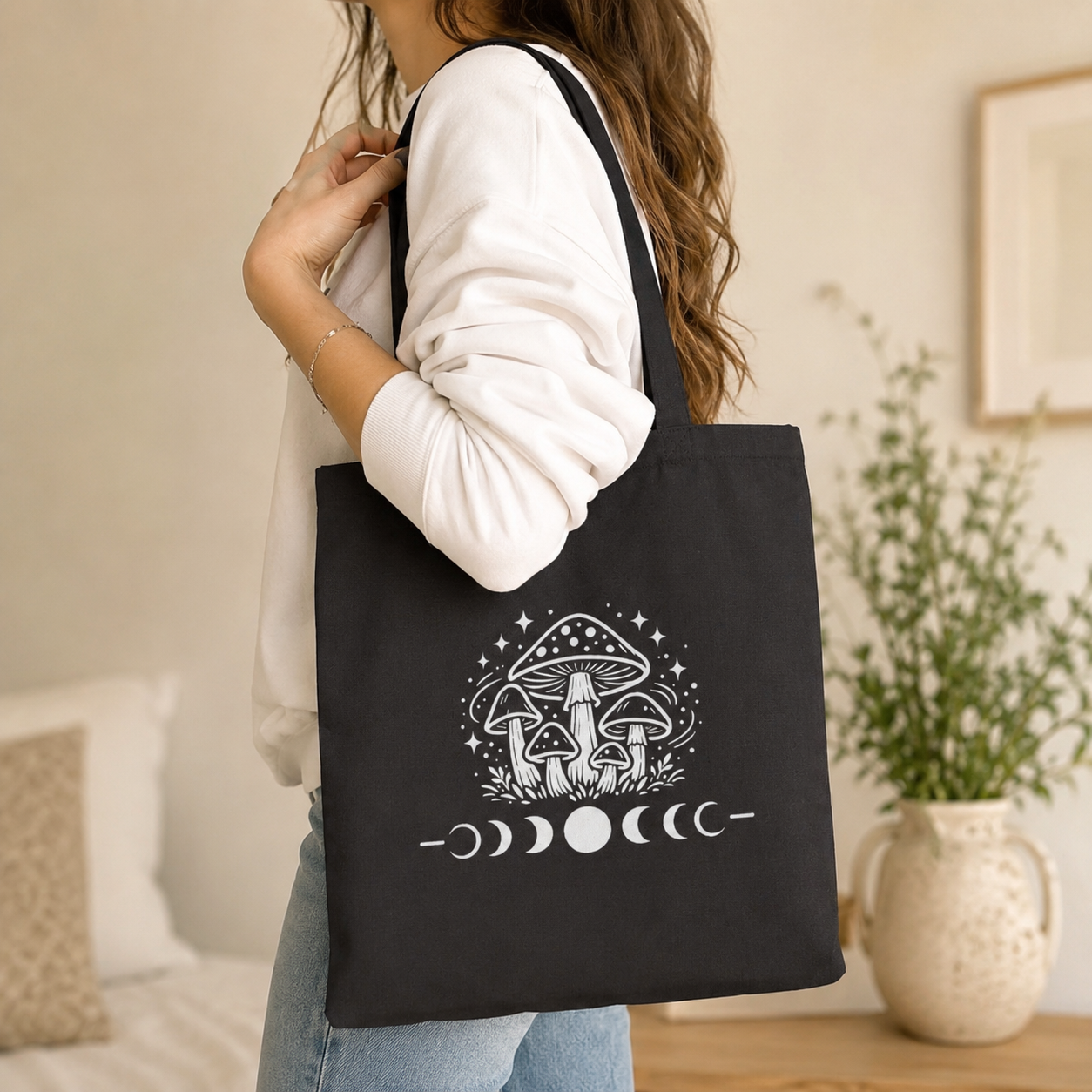 Mystical Mushroom Moon Phase Canvas Tote Bag | Cottagecore Boho Reusable Shoulder Bag | Witchy Nature Gift | Eco-Friendly Shopping Tote