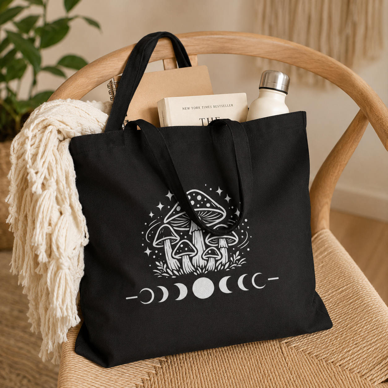 Mystical Mushroom Moon Phase Canvas Tote Bag | Cottagecore Boho Reusable Shoulder Bag | Witchy Nature Gift | Eco-Friendly Shopping Tote