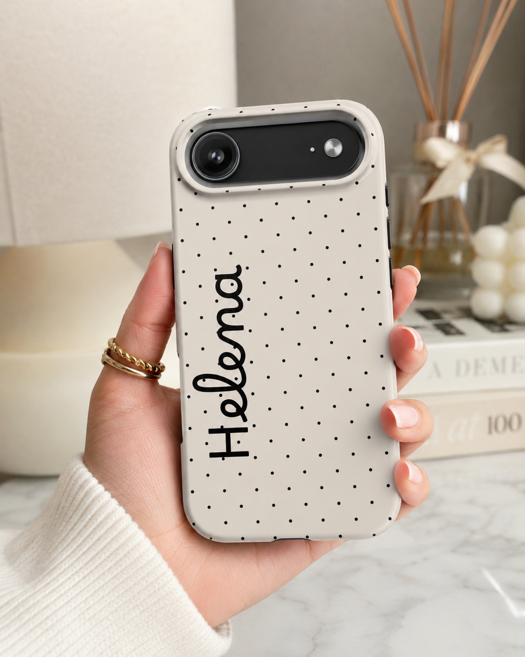 Personalized Ivory Polka Dot Phone Case with Name | Custom Minimalist Cute Protective iPhone & Samsung Case | Custom Gift for Women