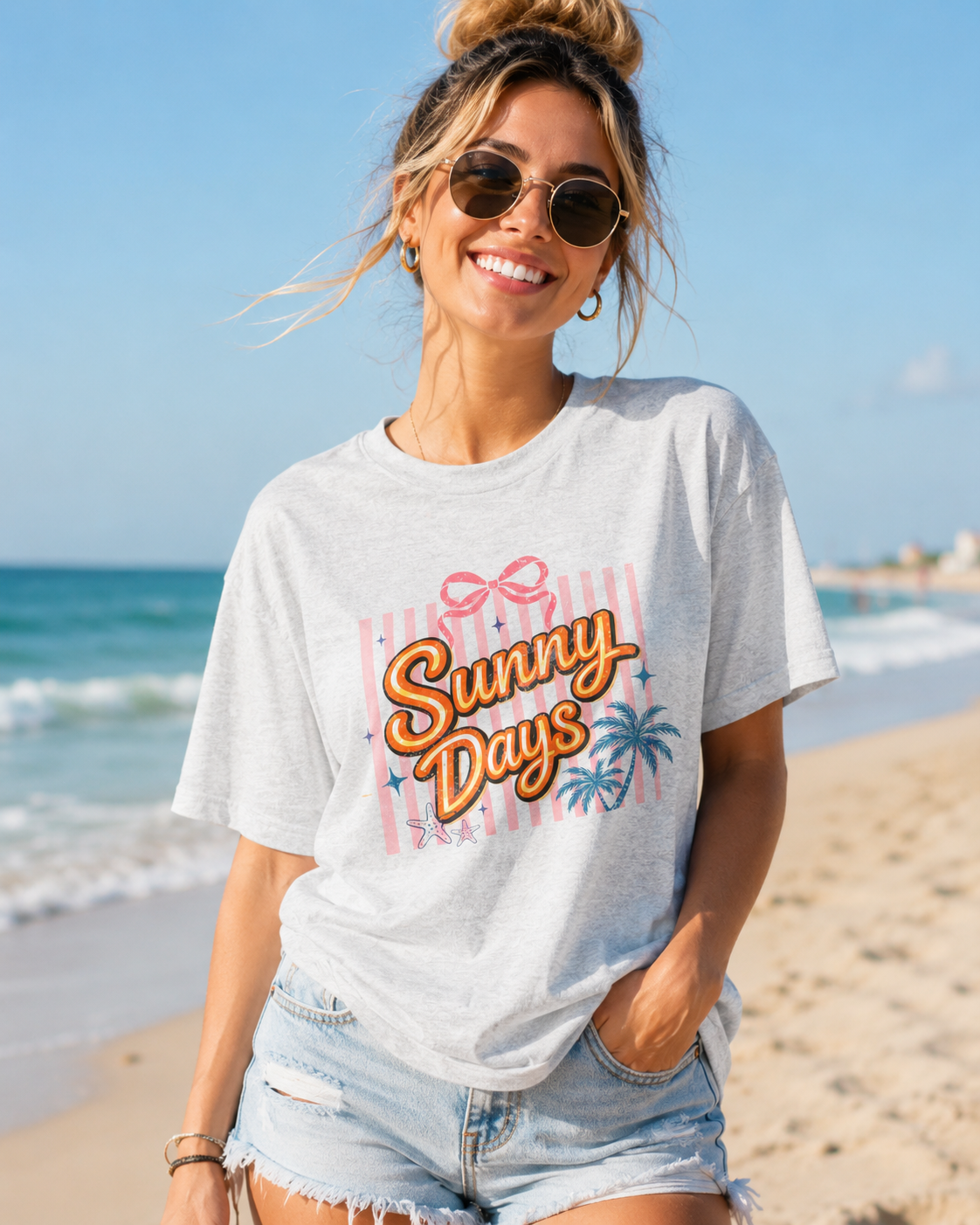 Sunny Days Beach Graphic T-Shirt | Retro Summer Jersey Tee | Cute Coastal Vacation Shirt | Beach Lover Gift | Women's Oversized Graphic Tee