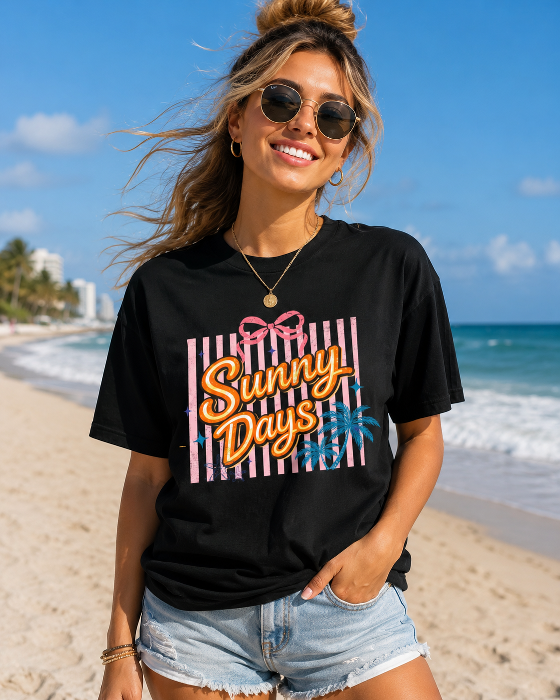 Sunny Days Beach Graphic T-Shirt | Retro Summer Jersey Tee | Cute Coastal Vacation Shirt | Beach Lover Gift | Women's Oversized Graphic Tee