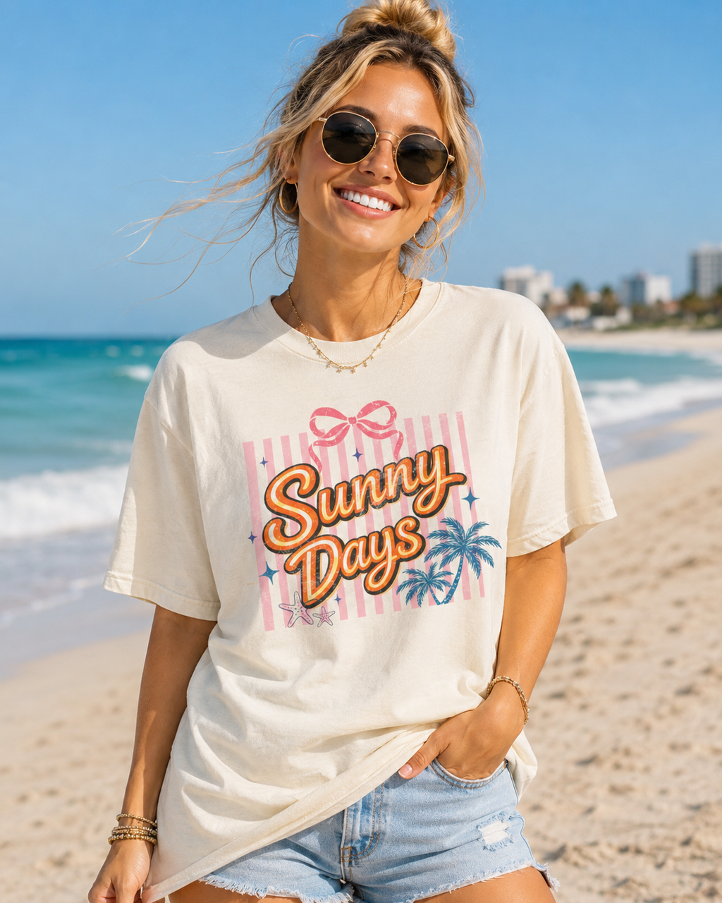 Sunny Days Beach Graphic T-Shirt | Retro Summer Jersey Tee | Cute Coastal Vacation Shirt | Beach Lover Gift | Women's Oversized Graphic Tee
