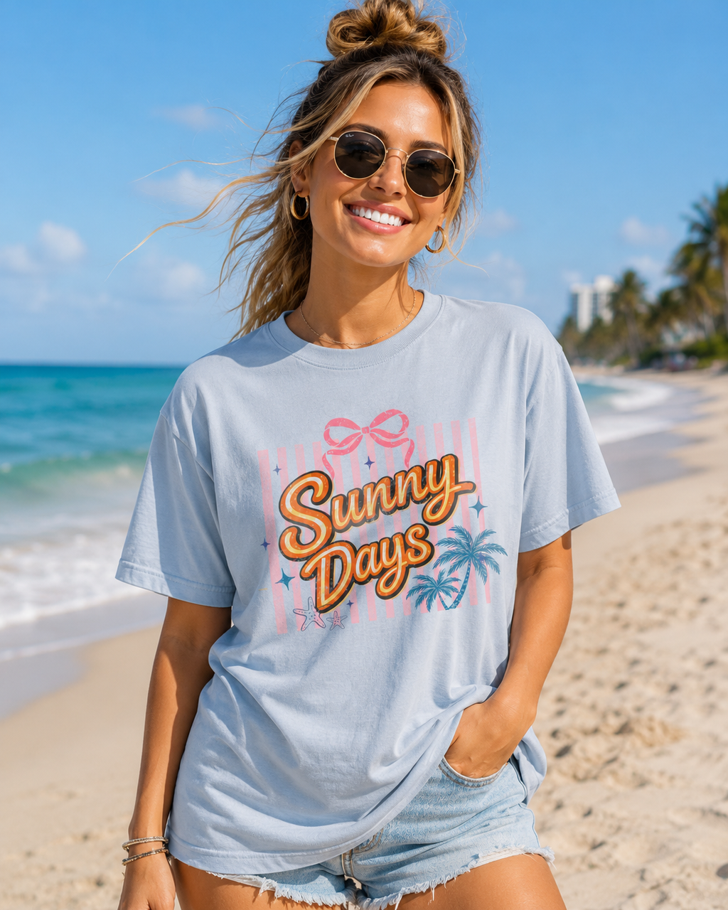 Sunny Days Beach Graphic T-Shirt | Retro Summer Jersey Tee | Cute Coastal Vacation Shirt | Beach Lover Gift | Women's Oversized Graphic Tee