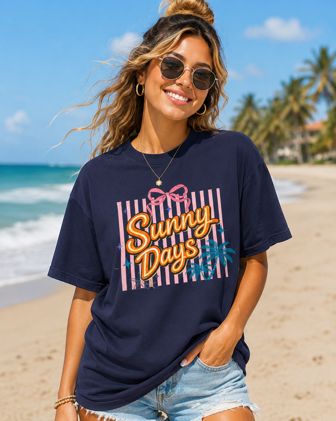 Sunny Days Beach Graphic T-Shirt | Retro Summer Jersey Tee | Cute Coastal Vacation Shirt | Beach Lover Gift | Women's Oversized Graphic Tee