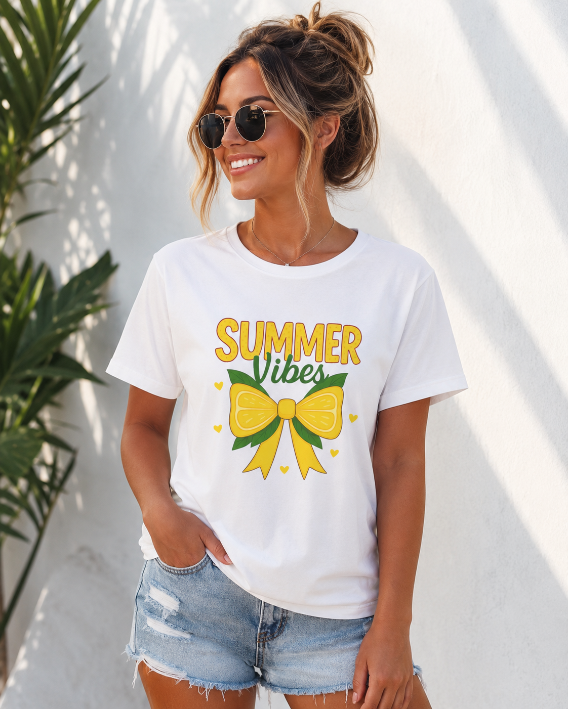 Summer Vibes Bow T-Shirt | Cute Coquette Summer Tee for Women | Yellow Bow Graphic Shirt | Aesthetic Vacation Outfit | Soft Jersey Tee Gift