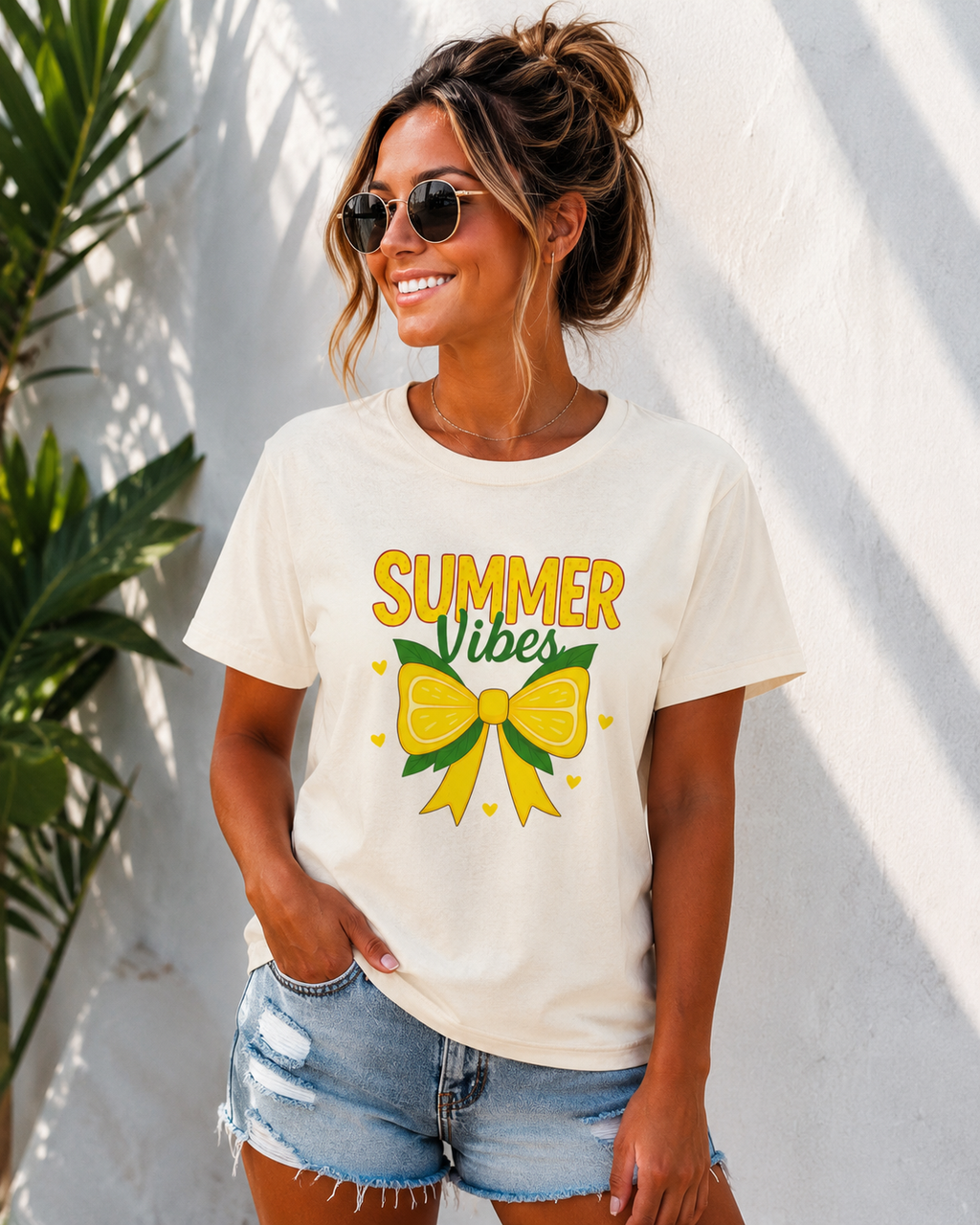 Summer Vibes Bow T-Shirt | Cute Coquette Summer Tee for Women | Yellow Bow Graphic Shirt | Aesthetic Vacation Outfit | Soft Jersey Tee Gift