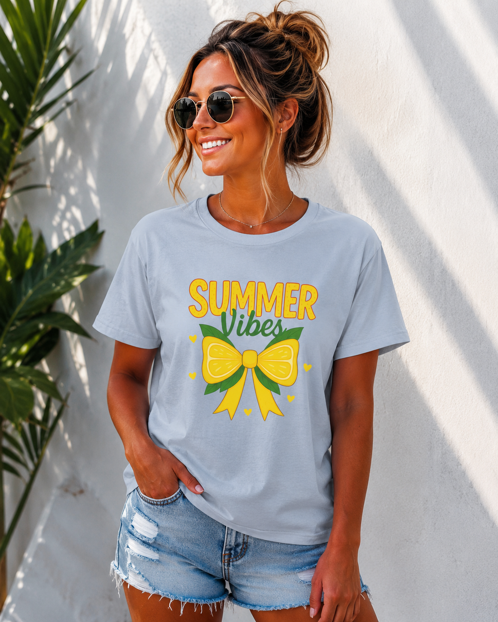 Summer Vibes Bow T-Shirt | Cute Coquette Summer Tee for Women | Yellow Bow Graphic Shirt | Aesthetic Vacation Outfit | Soft Jersey Tee Gift