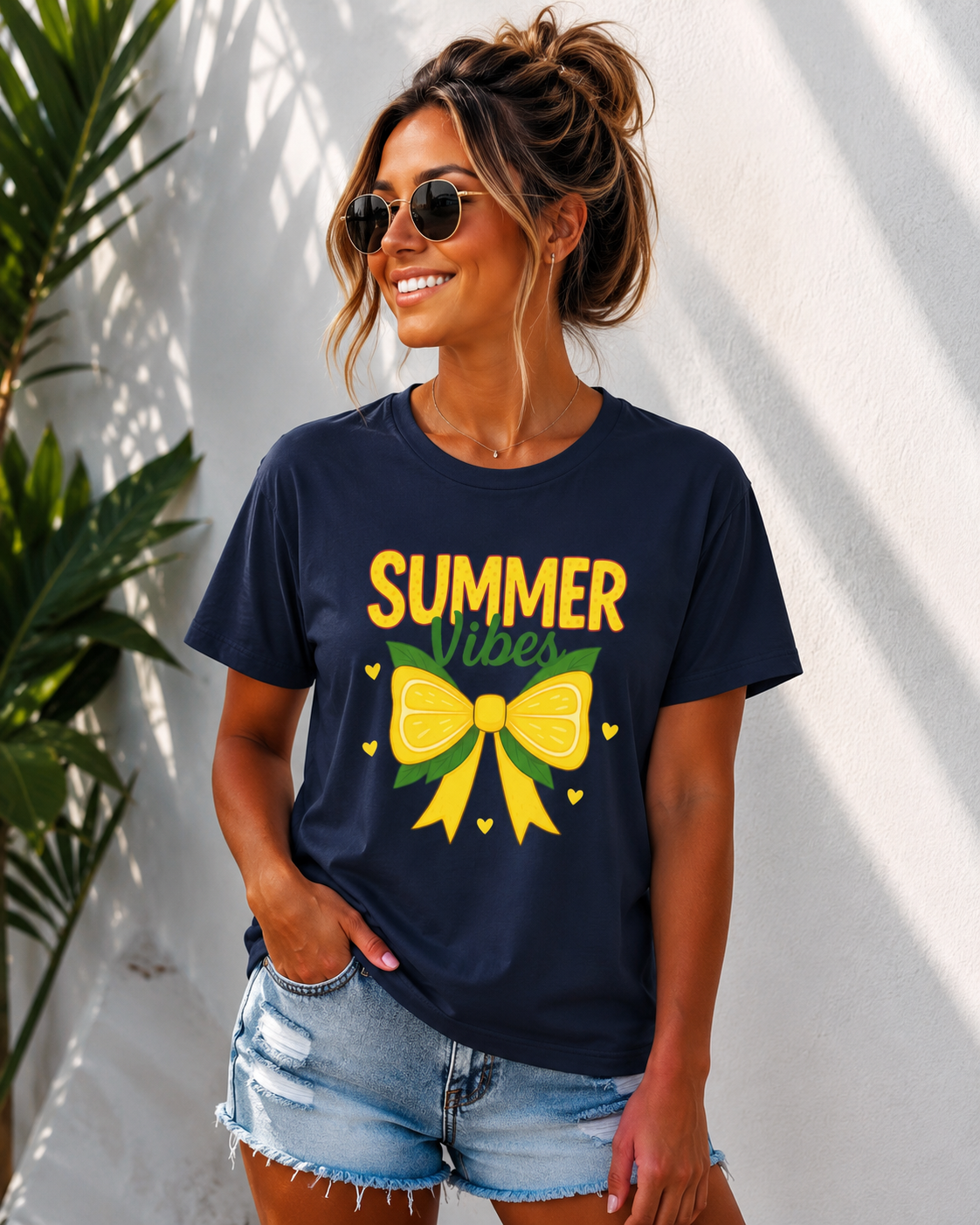 Summer Vibes Bow T-Shirt | Cute Coquette Summer Tee for Women | Yellow Bow Graphic Shirt | Aesthetic Vacation Outfit | Soft Jersey Tee Gift