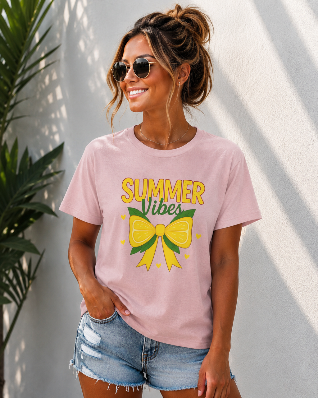 Summer Vibes Bow T-Shirt | Cute Coquette Summer Tee for Women | Yellow Bow Graphic Shirt | Aesthetic Vacation Outfit | Soft Jersey Tee Gift