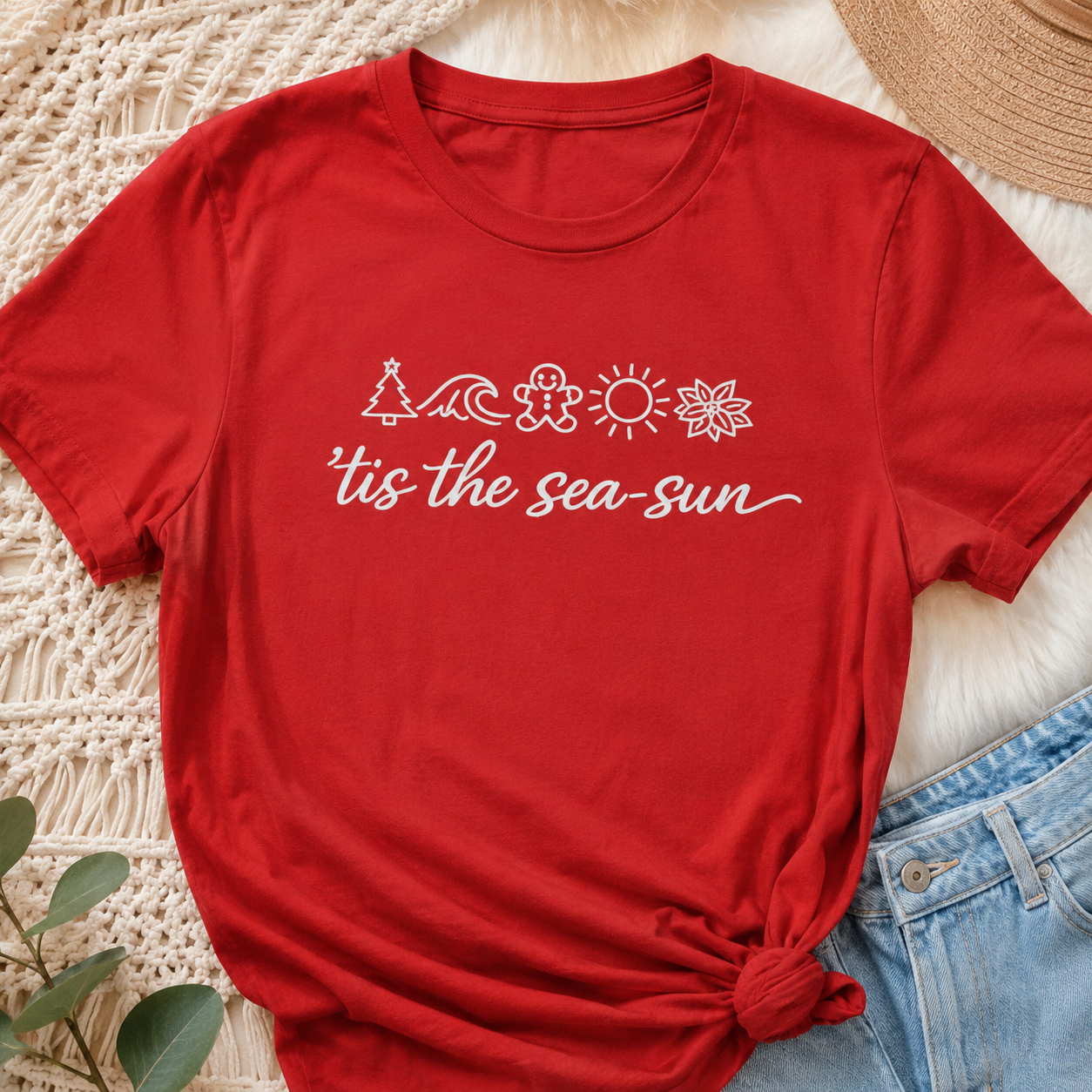 'Tis the Sea-Sun Christmas Beach T-Shirt | Funny Coastal Holiday Shirt | Summer Christmas Tee | Beach Lover Gift | Vacation Graphic Tee | Unisex Jersey Tee