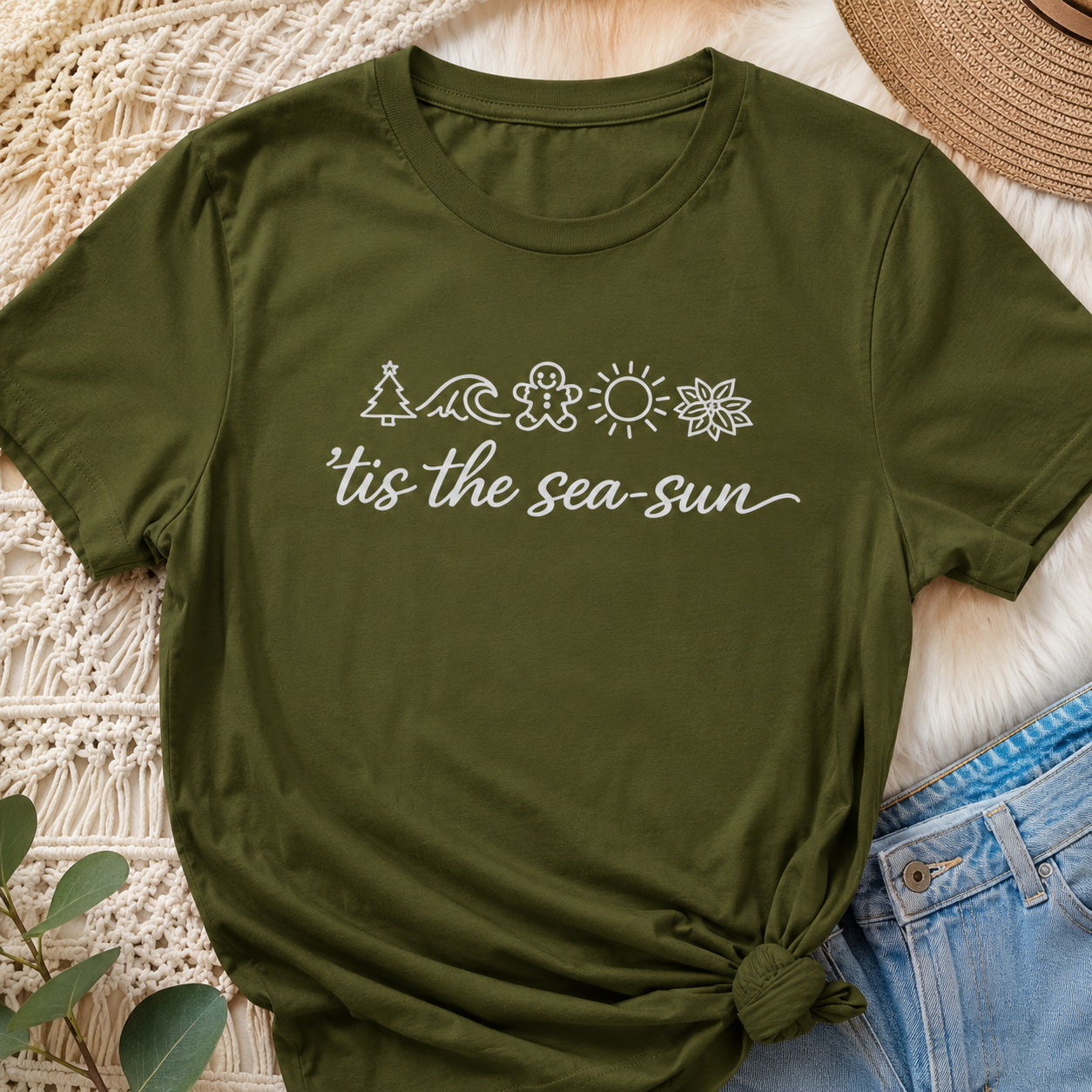 'Tis the Sea-Sun Christmas Beach T-Shirt | Funny Coastal Holiday Shirt | Summer Christmas Tee | Beach Lover Gift | Vacation Graphic Tee | Unisex Jersey Tee