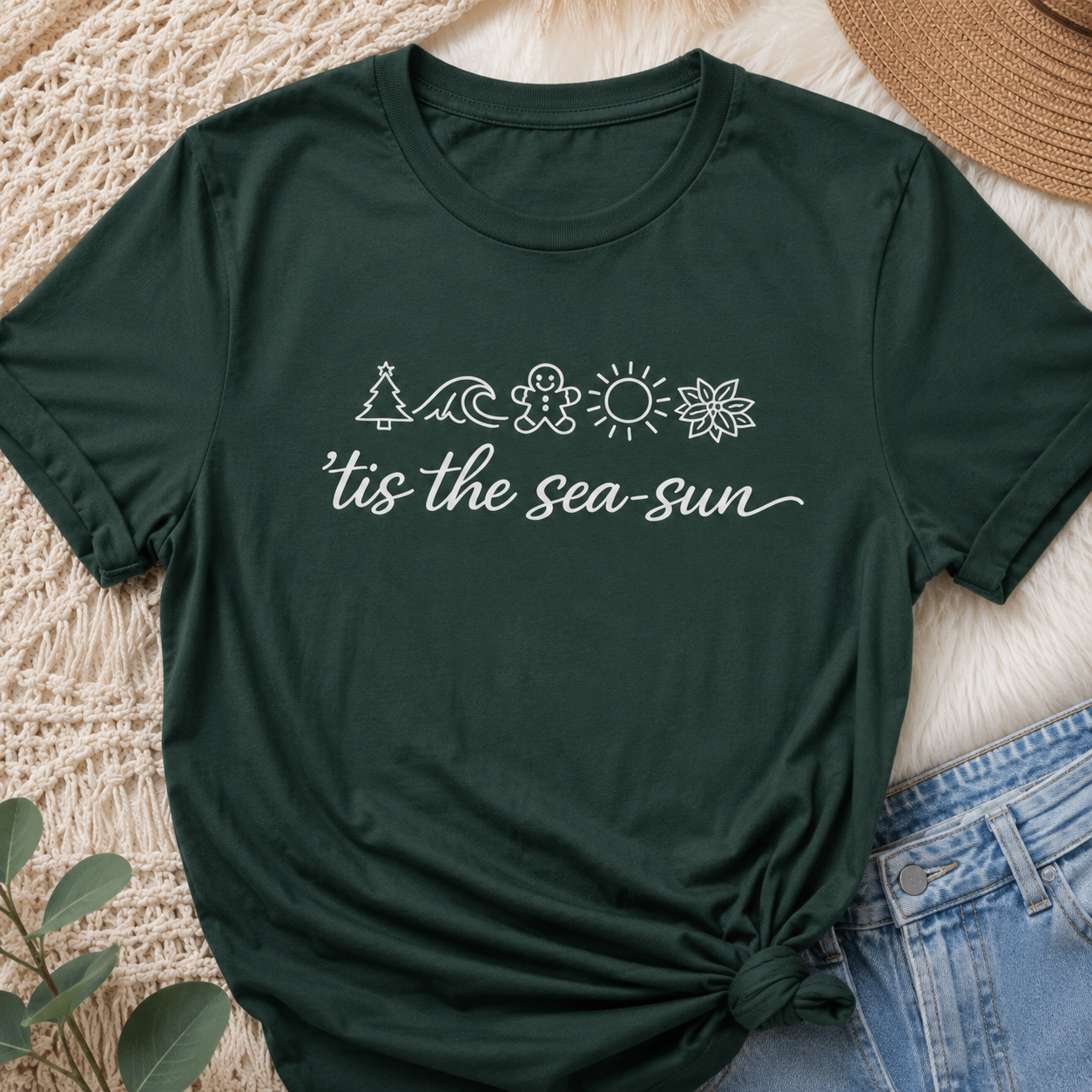 'Tis the Sea-Sun Christmas Beach T-Shirt | Funny Coastal Holiday Shirt | Summer Christmas Tee | Beach Lover Gift | Vacation Graphic Tee | Unisex Jersey Tee