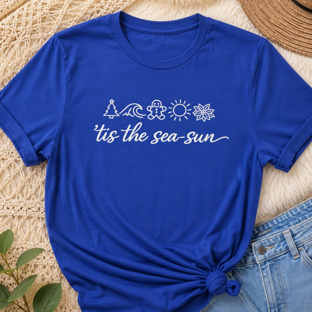 'Tis the Sea-Sun Christmas Beach T-Shirt | Funny Coastal Holiday Shirt | Summer Christmas Tee | Beach Lover Gift | Vacation Graphic Tee | Unisex Jersey Tee