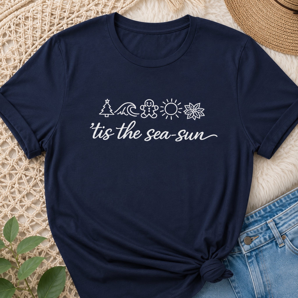 'Tis the Sea-Sun Christmas Beach T-Shirt | Funny Coastal Holiday Shirt | Summer Christmas Tee | Beach Lover Gift | Vacation Graphic Tee | Unisex Jersey Tee