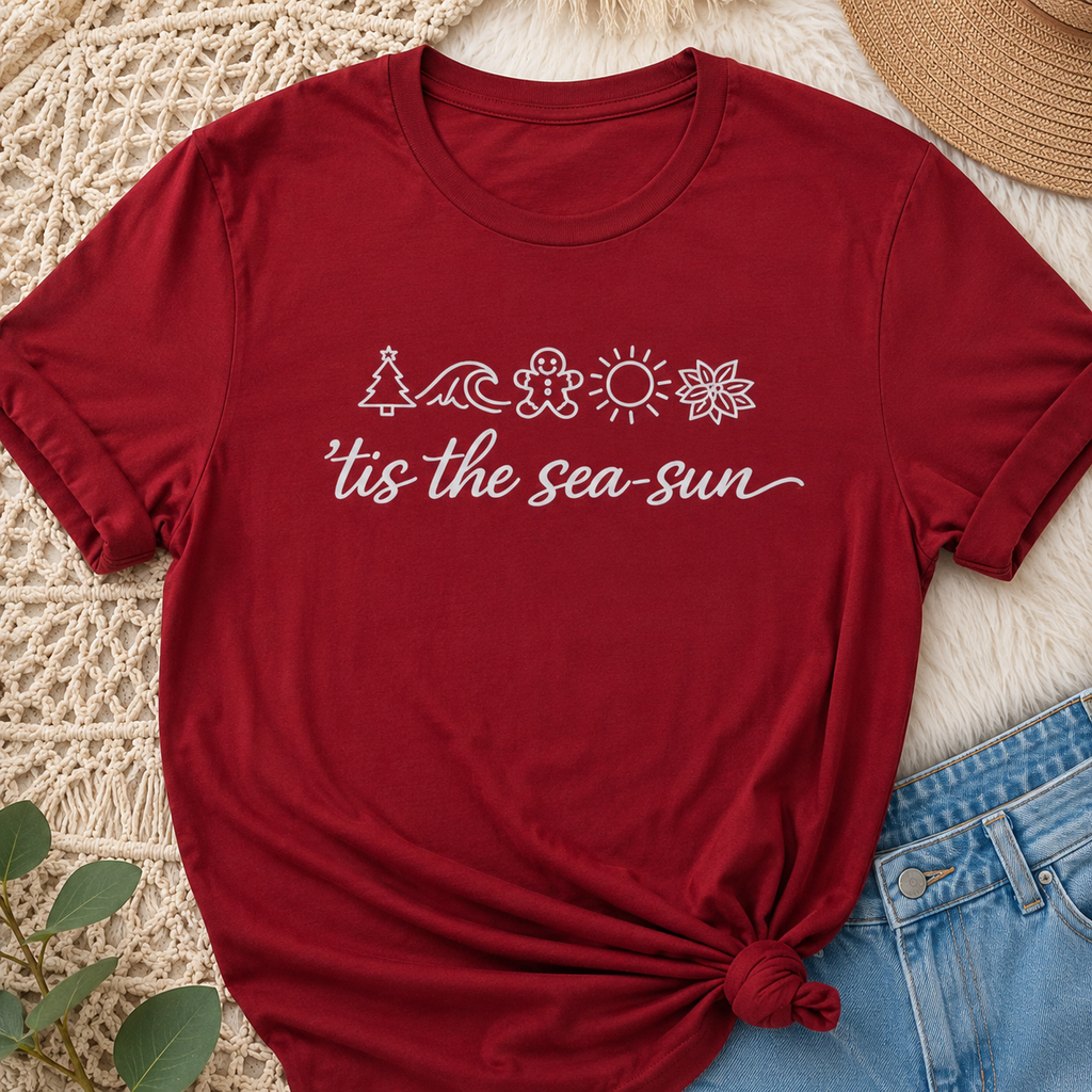 'Tis the Sea-Sun Christmas Beach T-Shirt | Funny Coastal Holiday Shirt | Summer Christmas Tee | Beach Lover Gift | Vacation Graphic Tee | Unisex Jersey Tee