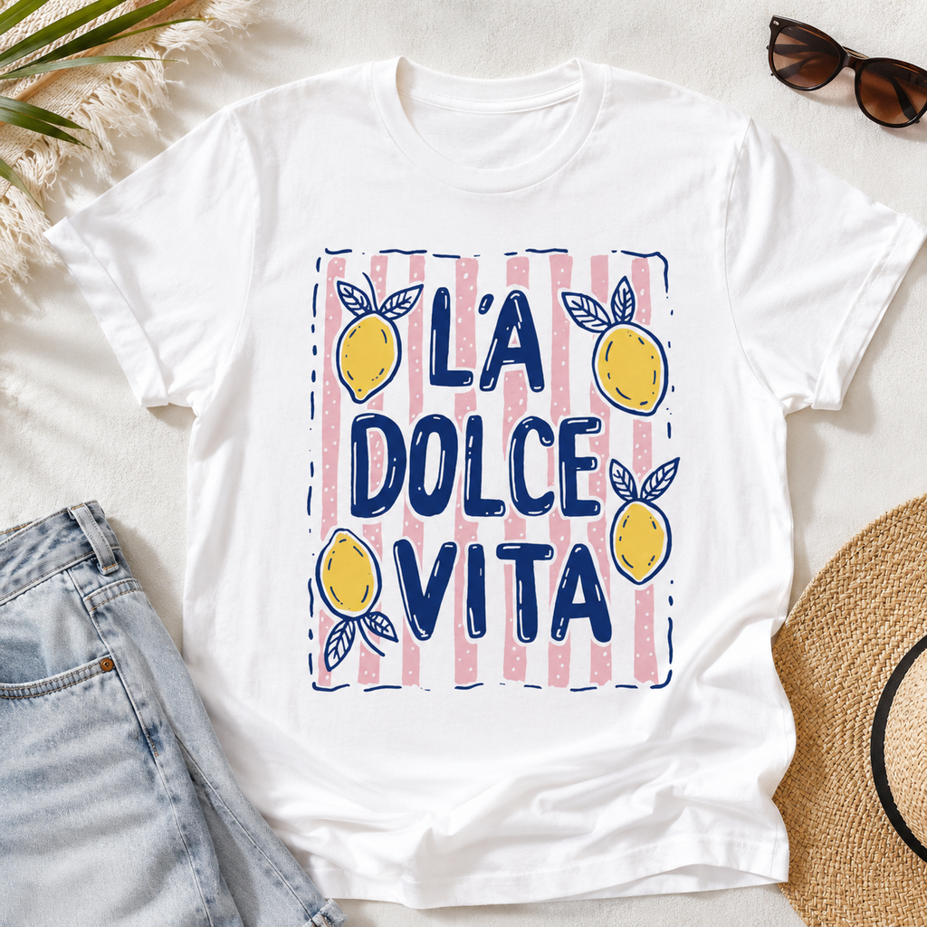 La Dolce Vita Lemon Graphic T-Shirt | Italian Summer Aesthetic Tee | Cute Citrus Shirt | Amalfi Coast Vacation Tee | Women's Soft Jersey Tee