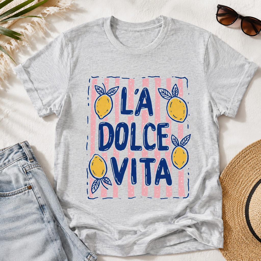 La Dolce Vita Lemon Graphic T-Shirt | Italian Summer Aesthetic Tee | Cute Citrus Shirt | Amalfi Coast Vacation Tee | Women's Soft Jersey Tee