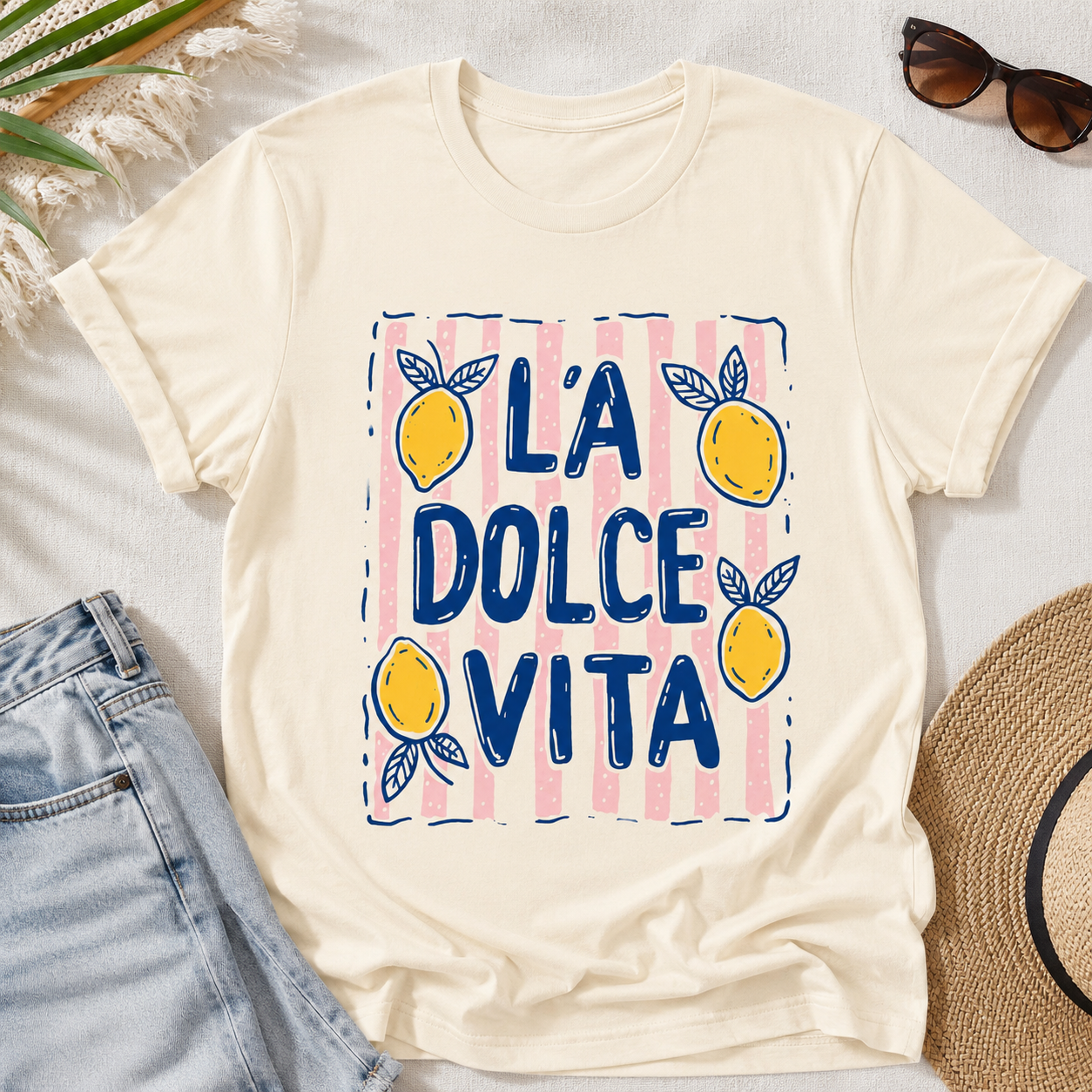 La Dolce Vita Lemon Graphic T-Shirt | Italian Summer Aesthetic Tee | Cute Citrus Shirt | Amalfi Coast Vacation Tee | Women's Soft Jersey Tee