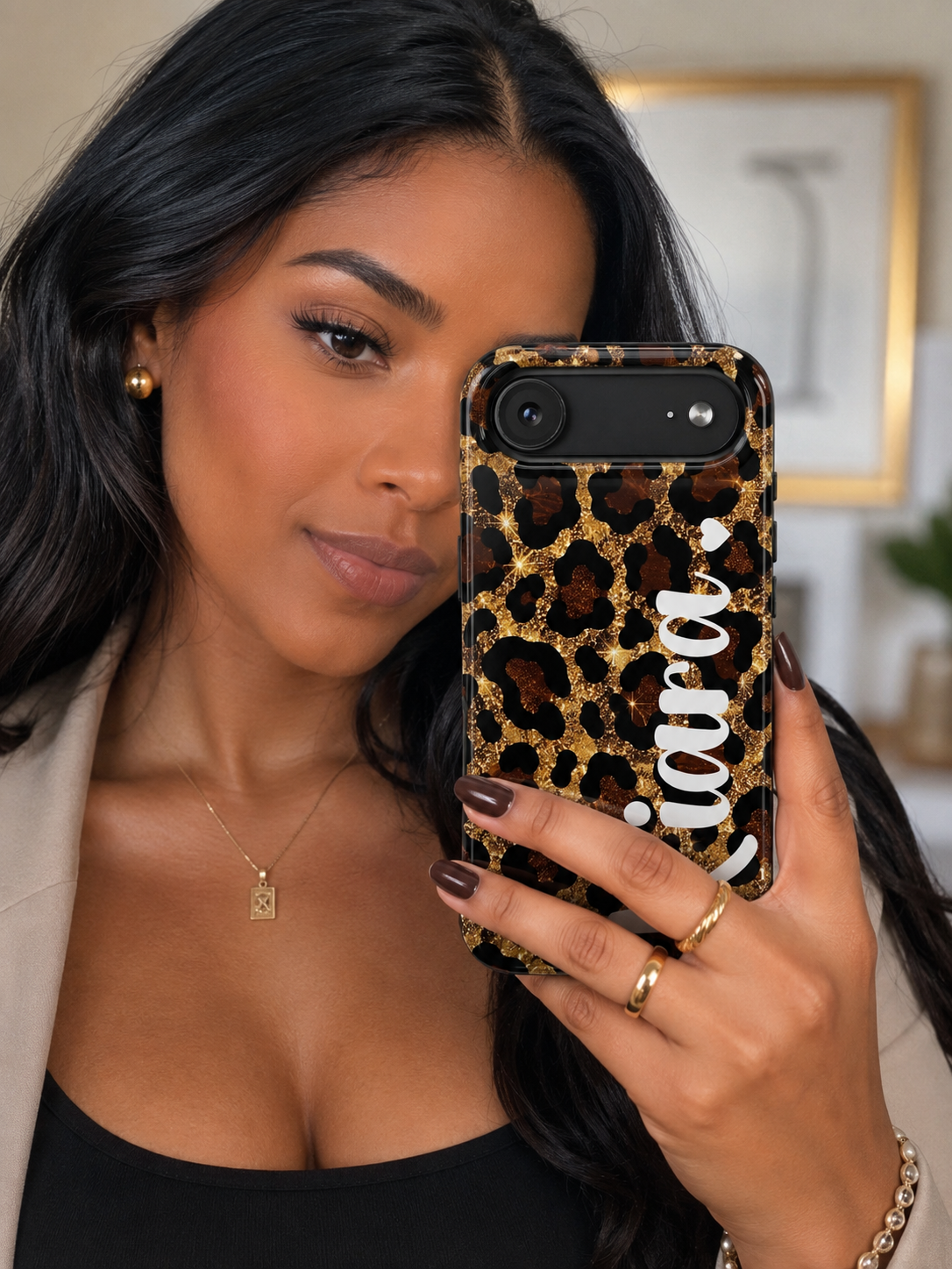 Personalized Glitter Leopard Print Phone Case | Custom Name Protective Case | Luxury Gold Animal Print iPhone & Samsung Cover | Gift for Her
