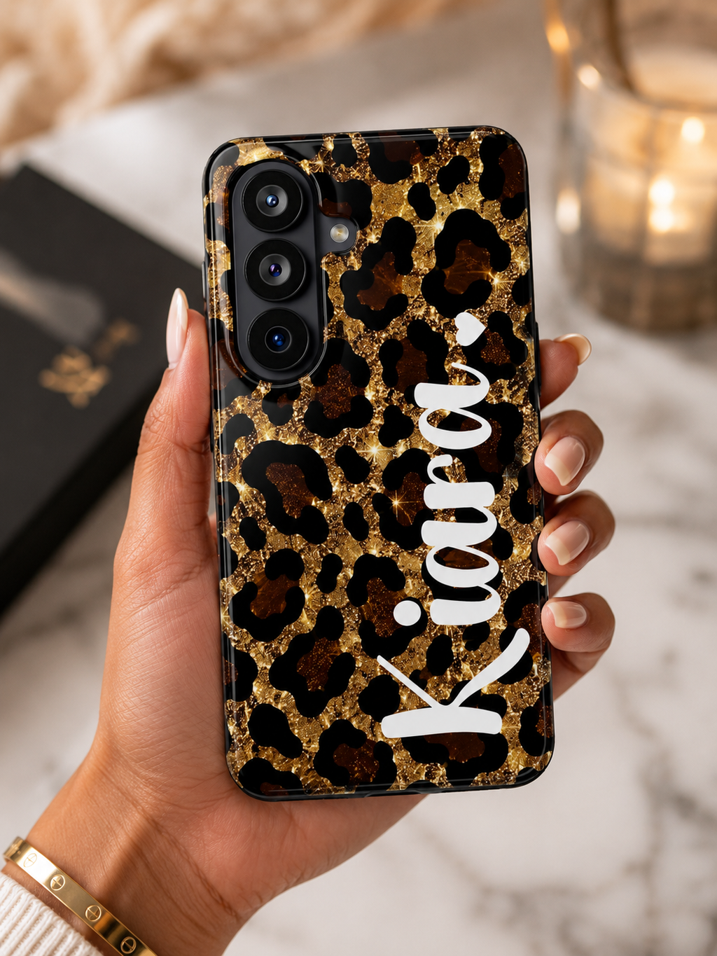 Personalized Glitter Leopard Print Phone Case | Custom Name Protective Case | Luxury Gold Animal Print iPhone & Samsung Cover | Gift for Her