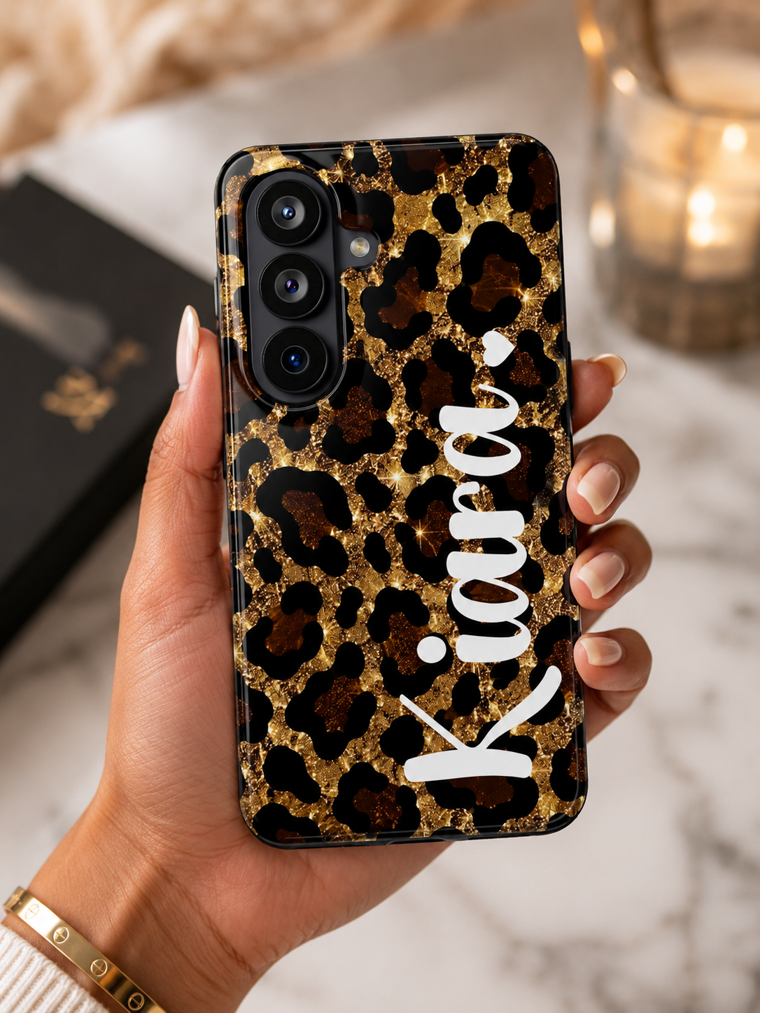 Personalized Glitter Leopard Print Phone Case | Custom Name Protective Case | Luxury Gold Animal Print iPhone & Samsung Cover | Gift for Her