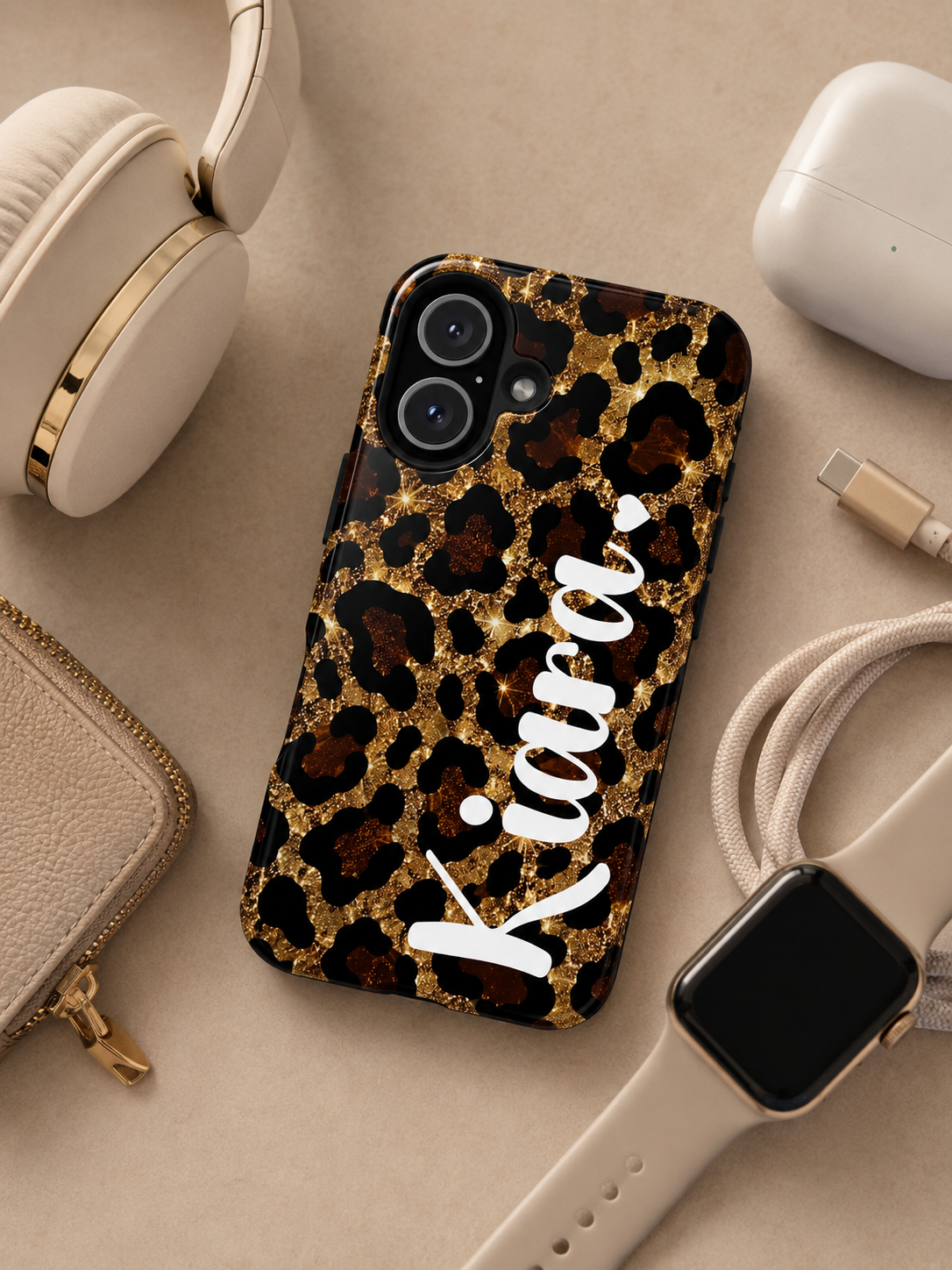 Personalized Glitter Leopard Print Phone Case | Custom Name Protective Case | Luxury Gold Animal Print iPhone & Samsung Cover | Gift for Her