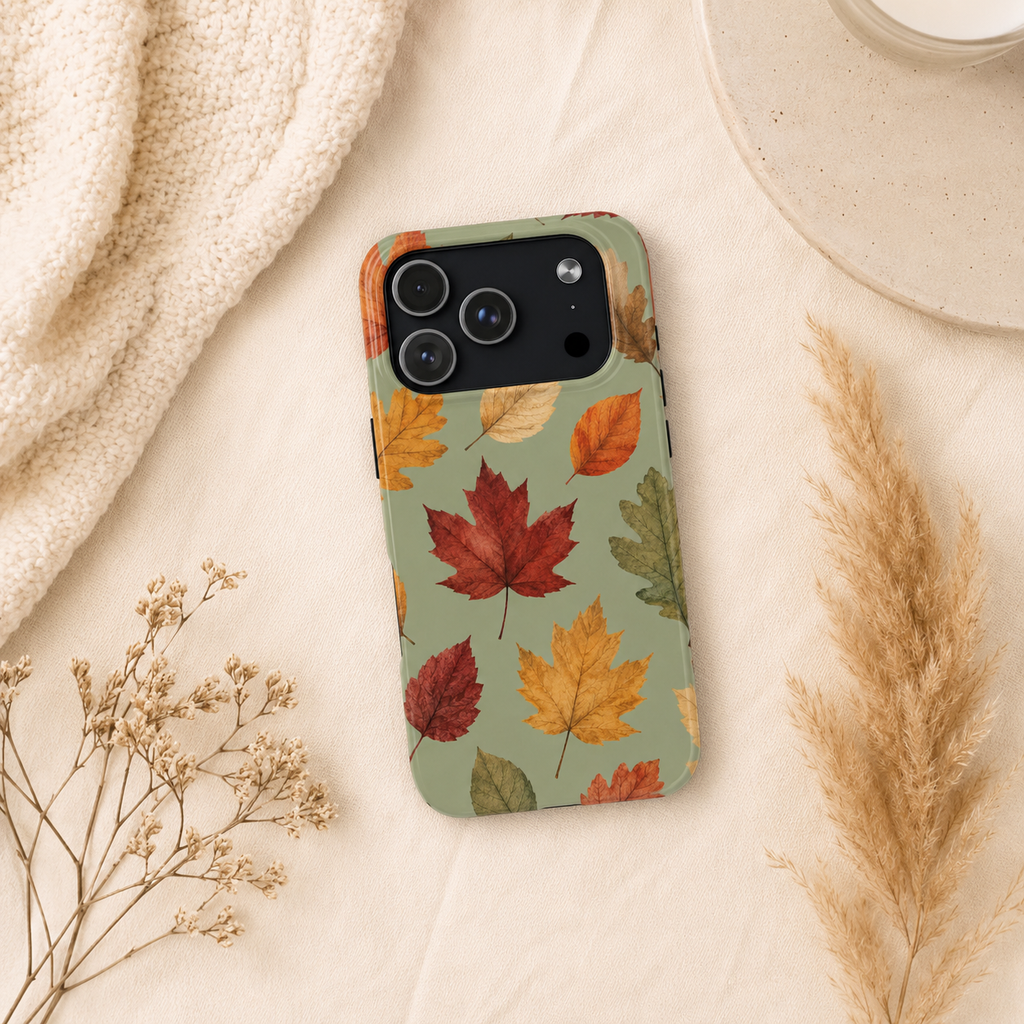 Autumn Leaves Phone Case | Sage Green Fall Aesthetic iPhone & Samsung Case | Cute Cozy Maple Leaf Protective Cover | Thanksgiving Gift