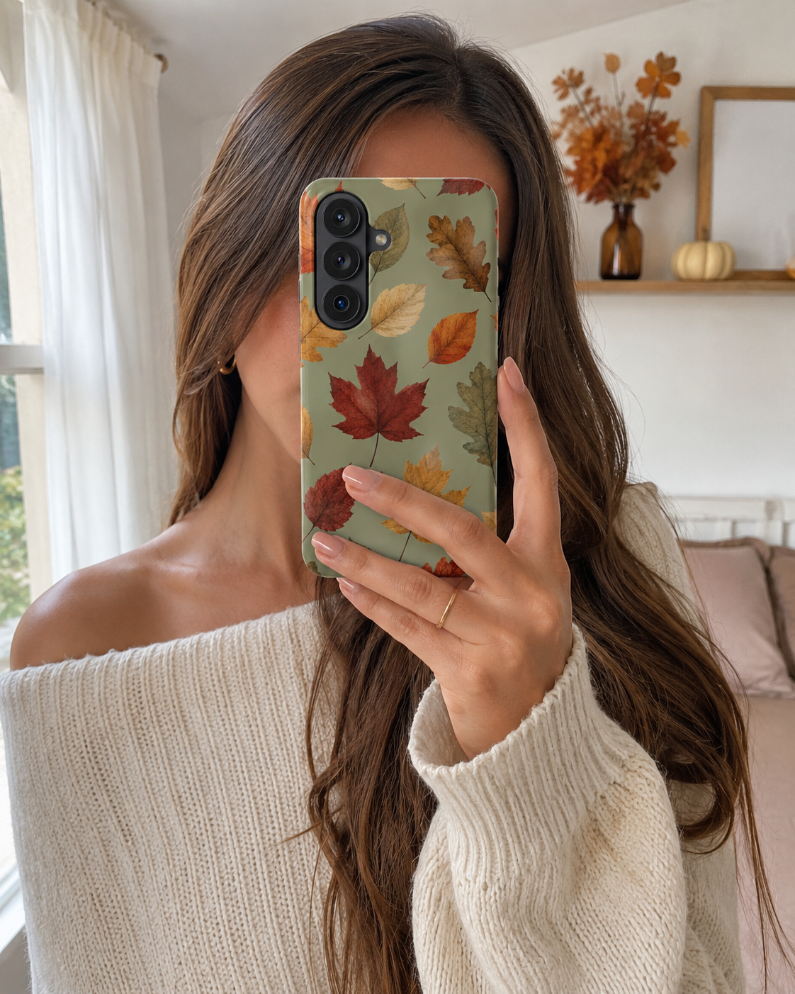 Autumn Leaves Phone Case | Sage Green Fall Aesthetic iPhone & Samsung Case | Cute Cozy Maple Leaf Protective Cover | Thanksgiving Gift