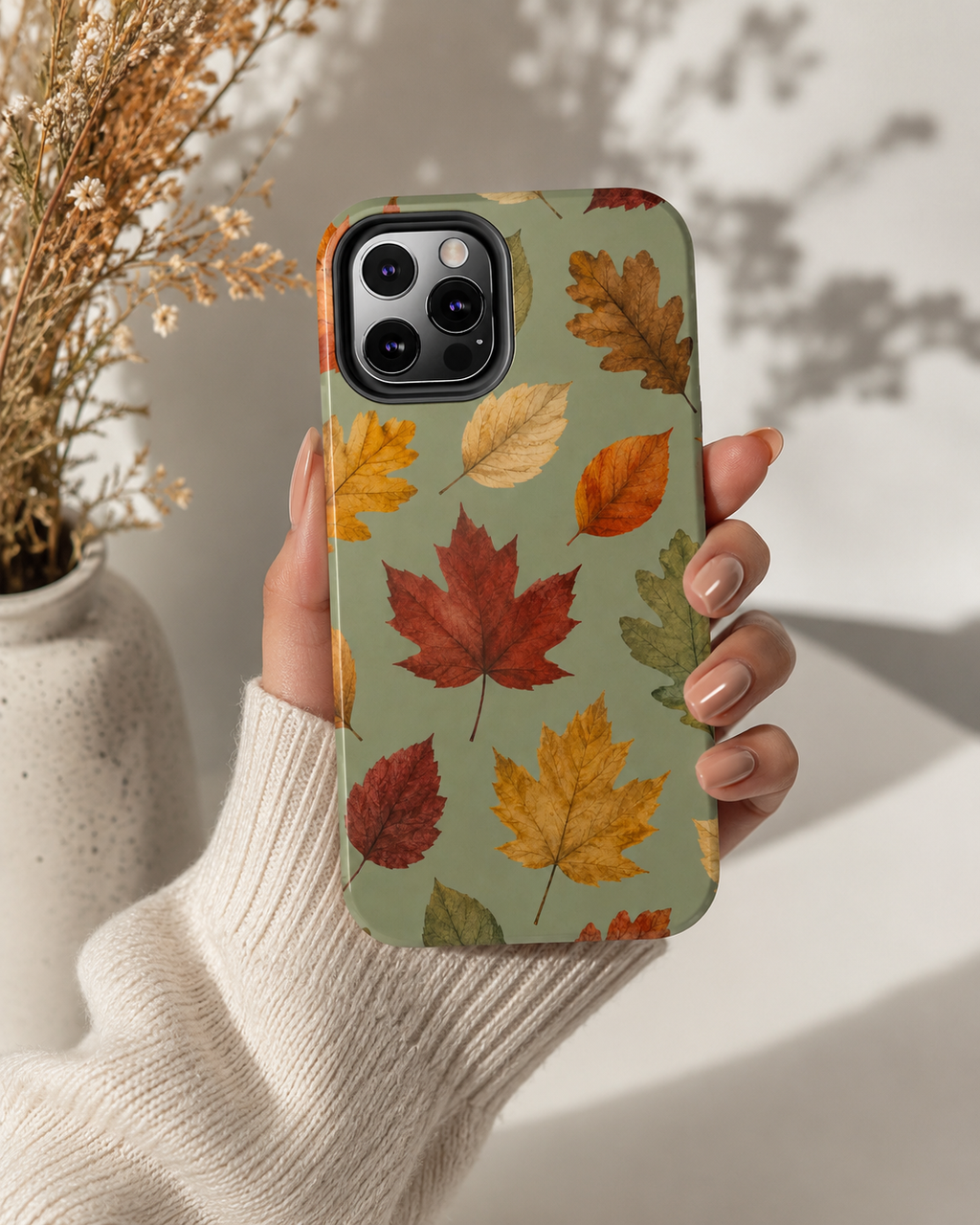 Autumn Leaves Phone Case | Sage Green Fall Aesthetic iPhone & Samsung Case | Cute Cozy Maple Leaf Protective Cover | Thanksgiving Gift